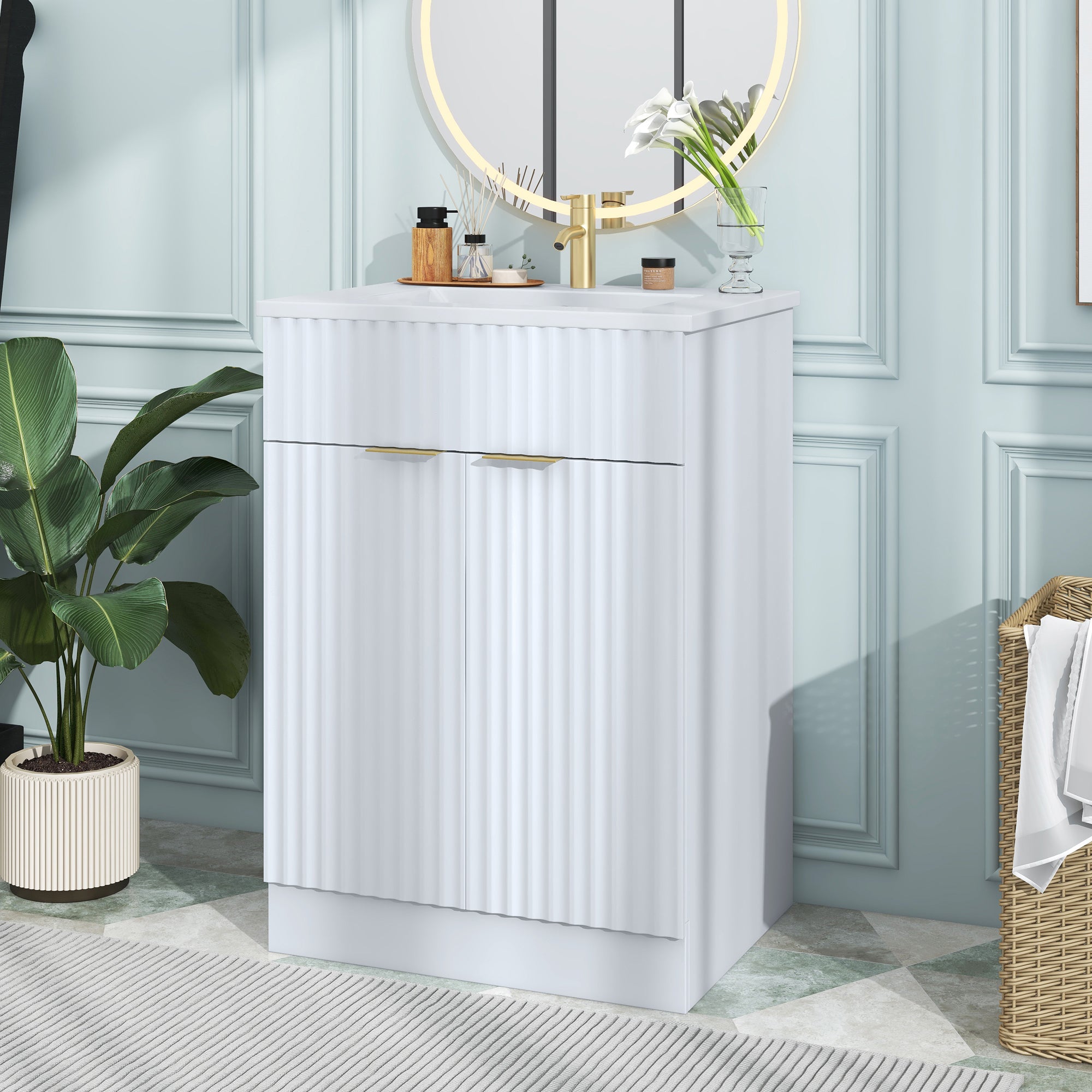 24 Inch MDF Freestanding Bathroom Vanity Set with Integrated Ceramic Sink