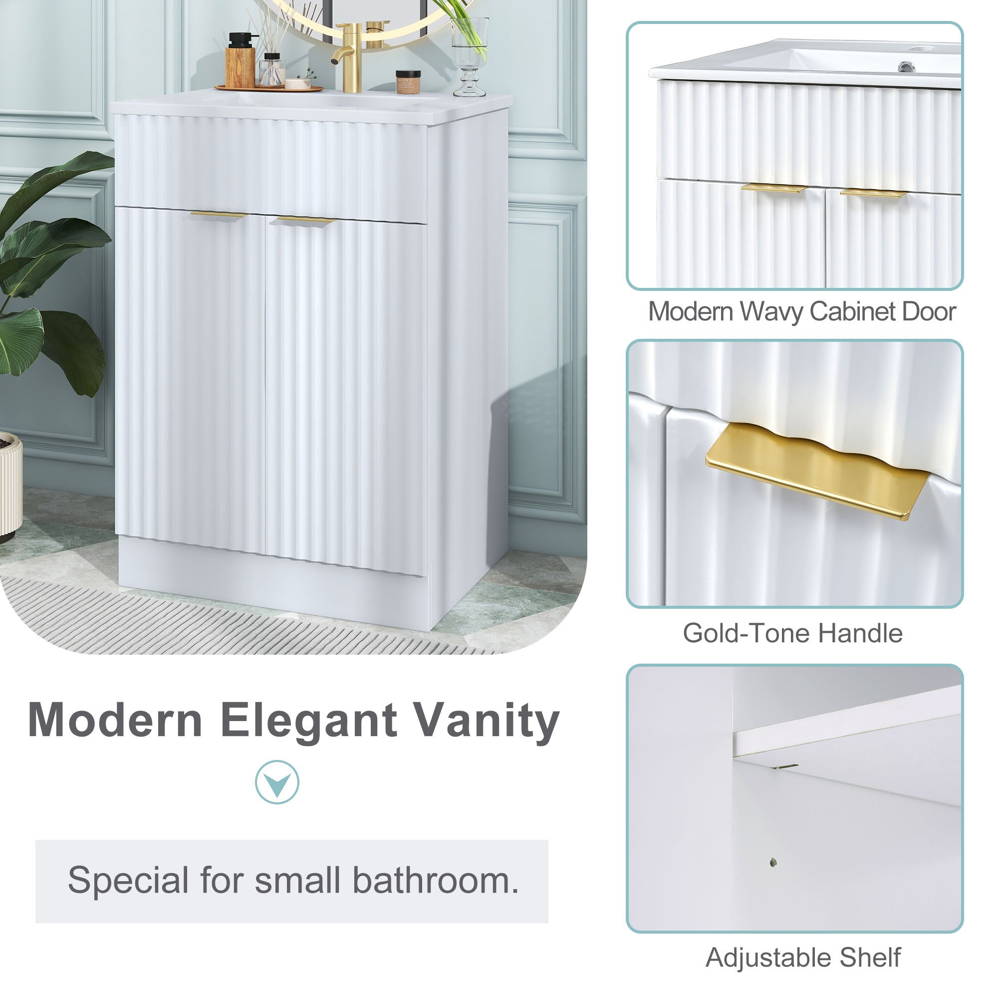 24 Inch MDF Freestanding Bathroom Vanity Set with Integrated Ceramic Sink