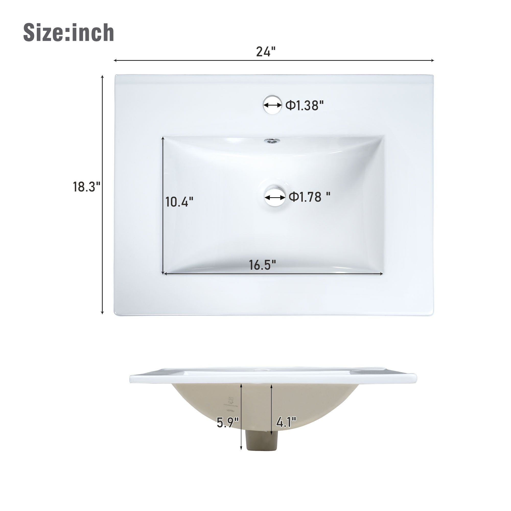 24 Inch MDF Freestanding Bathroom Vanity Set with Integrated Ceramic Sink