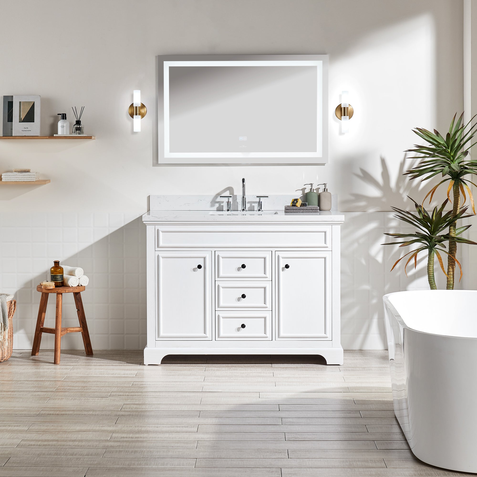 48 Inches Solid Wood Frame Freestanding Bathroom Vanity Set with Engineered Marble Top
