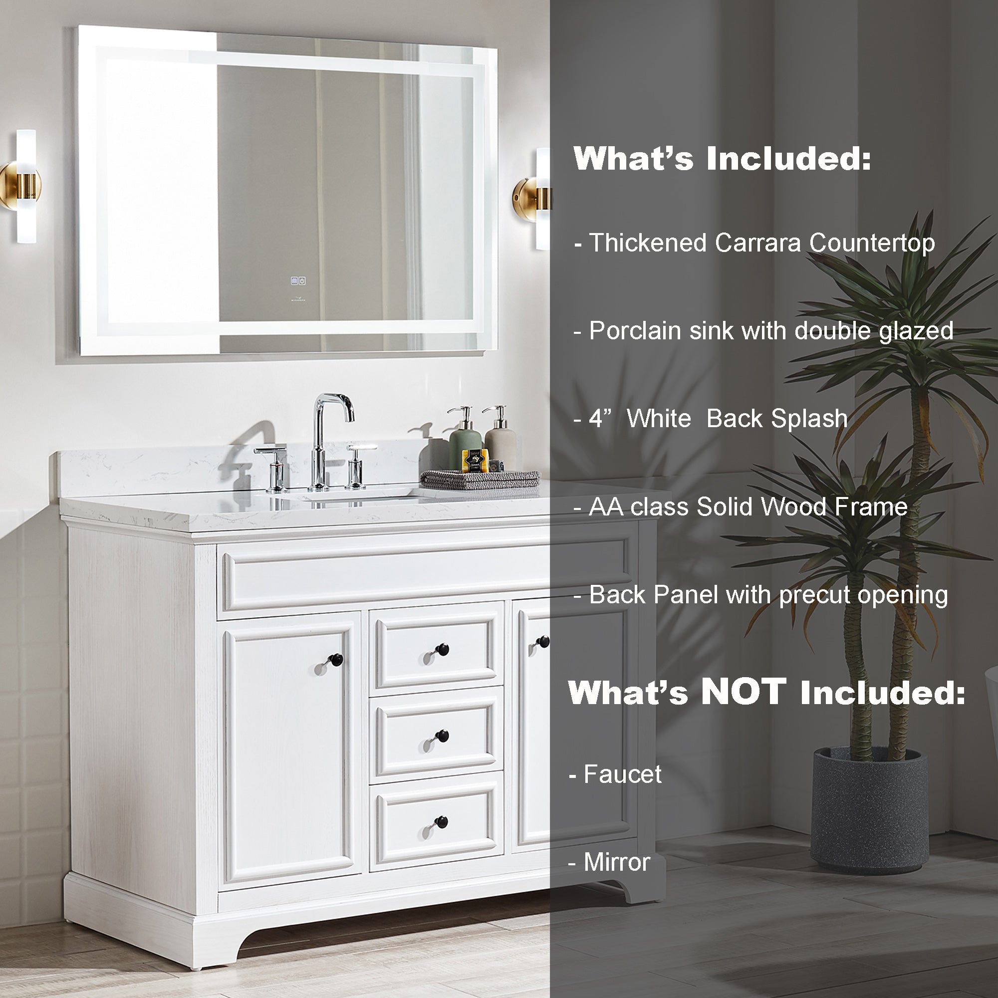 48 Inches Solid Wood Frame Freestanding Bathroom Vanity Set with Engineered Marble Top