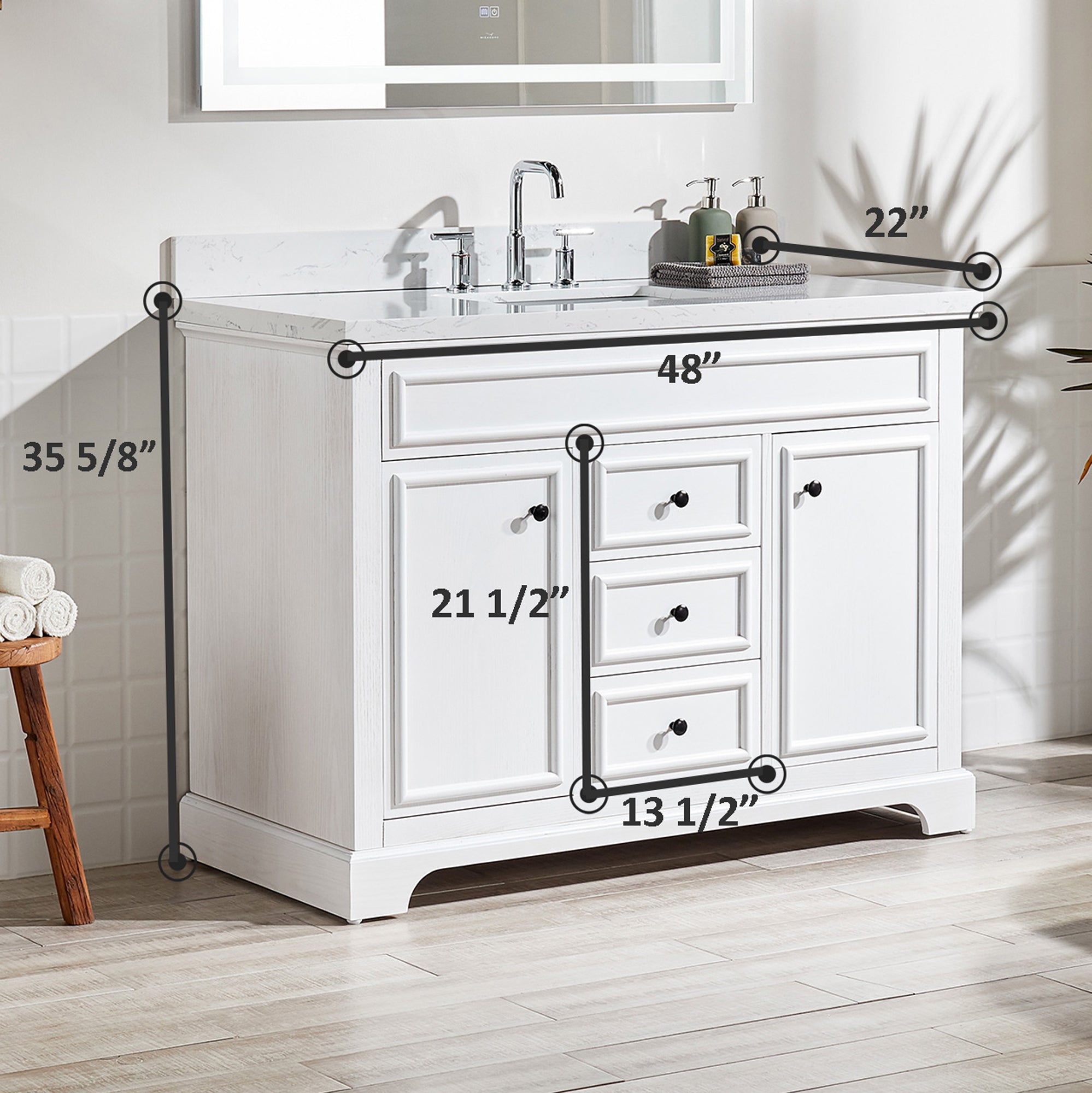 48 Inches Solid Wood Frame Freestanding Bathroom Vanity Set with Engineered Marble Top