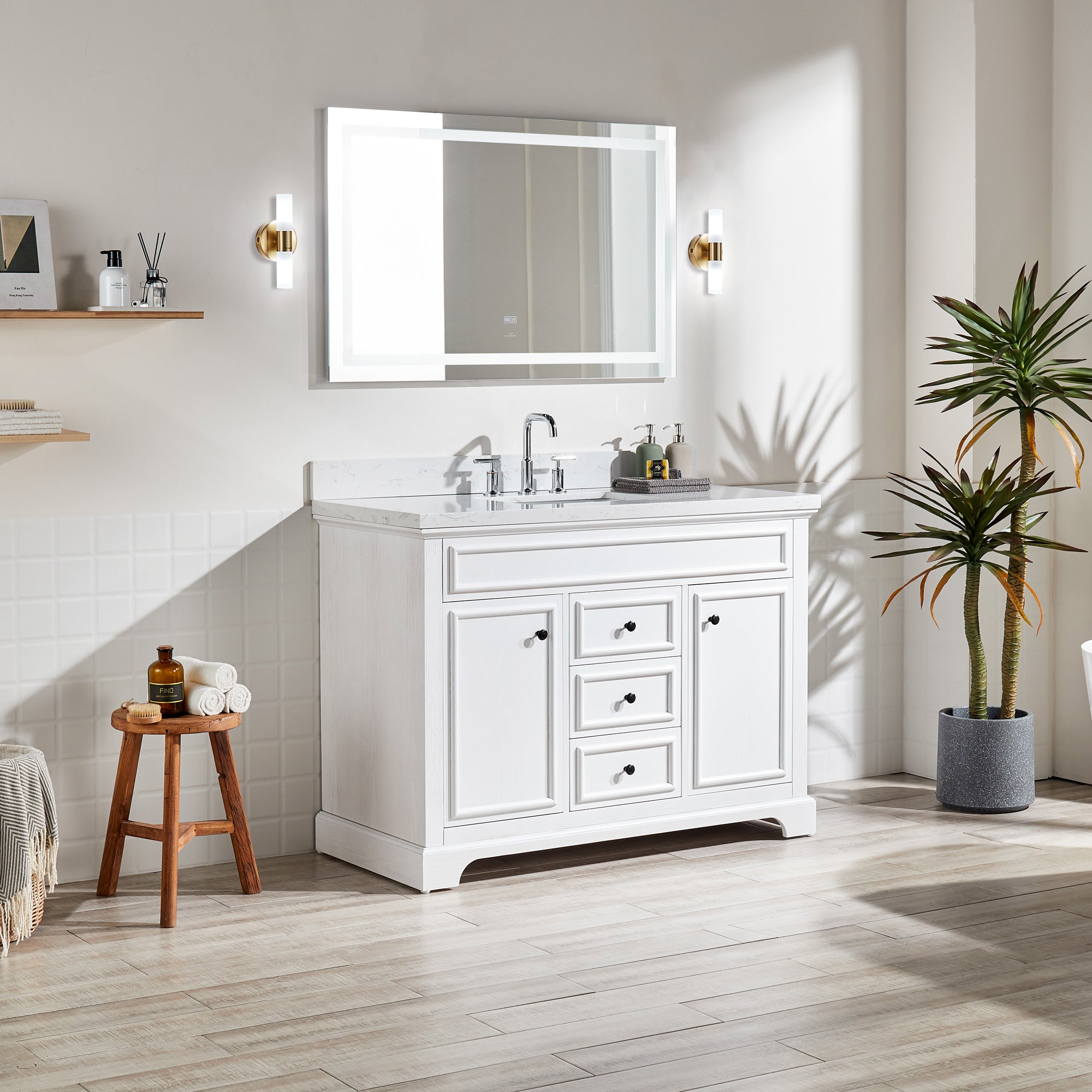 48 Inches Solid Wood Frame Freestanding Bathroom Vanity Set with Engineered Marble Top