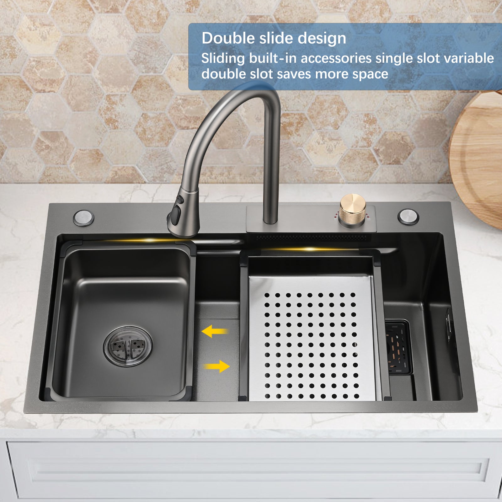 Stainless Steel Double Bowl Drop-in Kitchen Sink with Pull Down Faucet, and Accessories