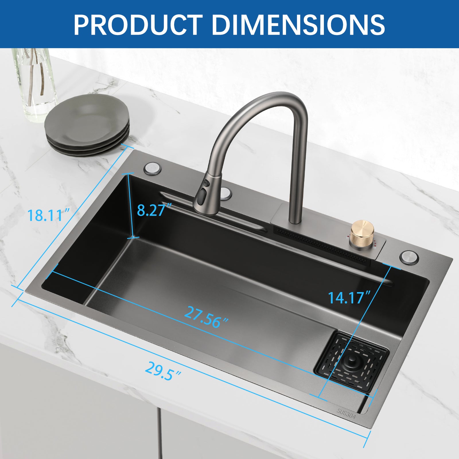 Stainless Steel Double Bowl Drop-in Kitchen Sink with Pull Down Faucet, and Accessories