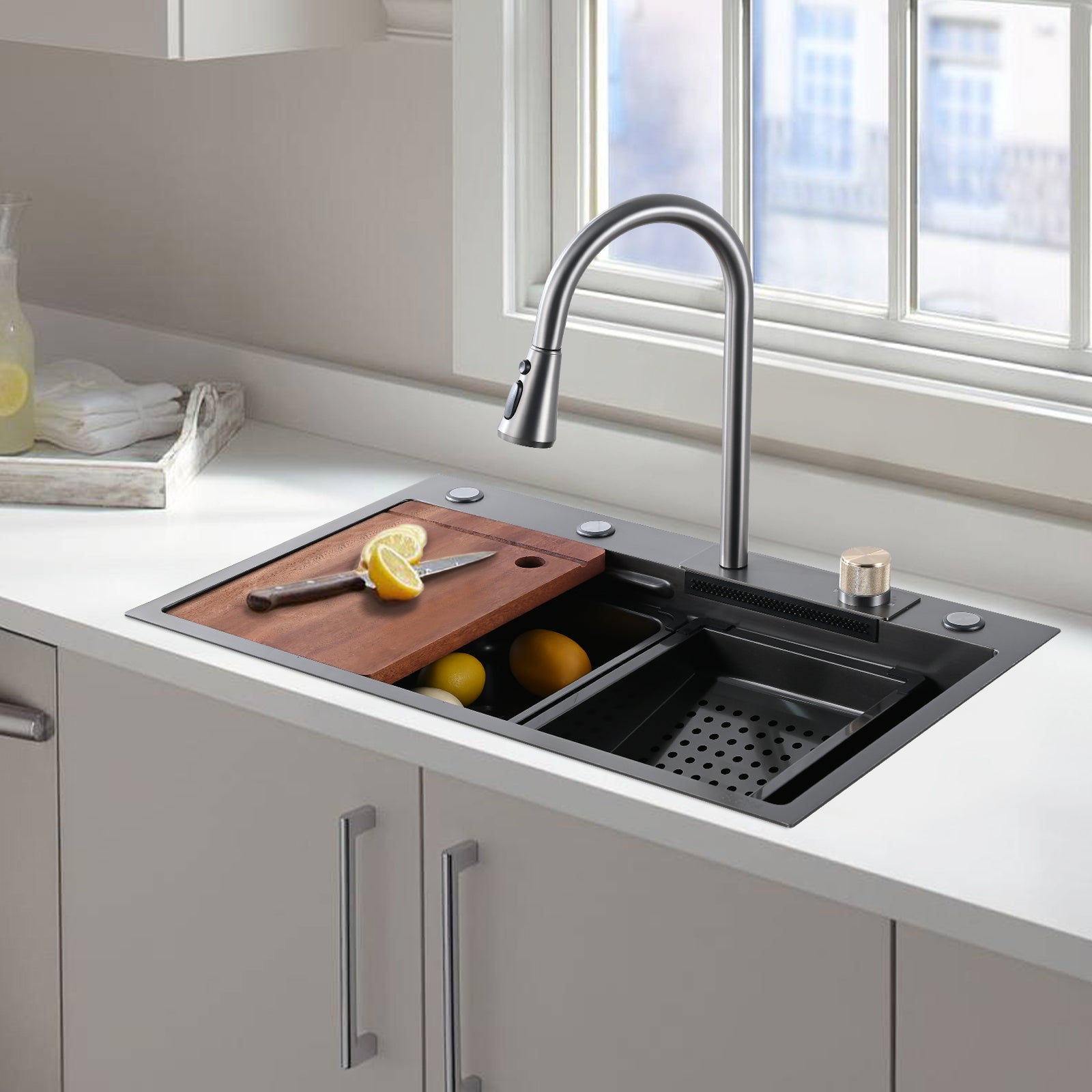 Stainless Steel Double Bowl Drop-in Kitchen Sink with Pull Down Faucet, and Accessories