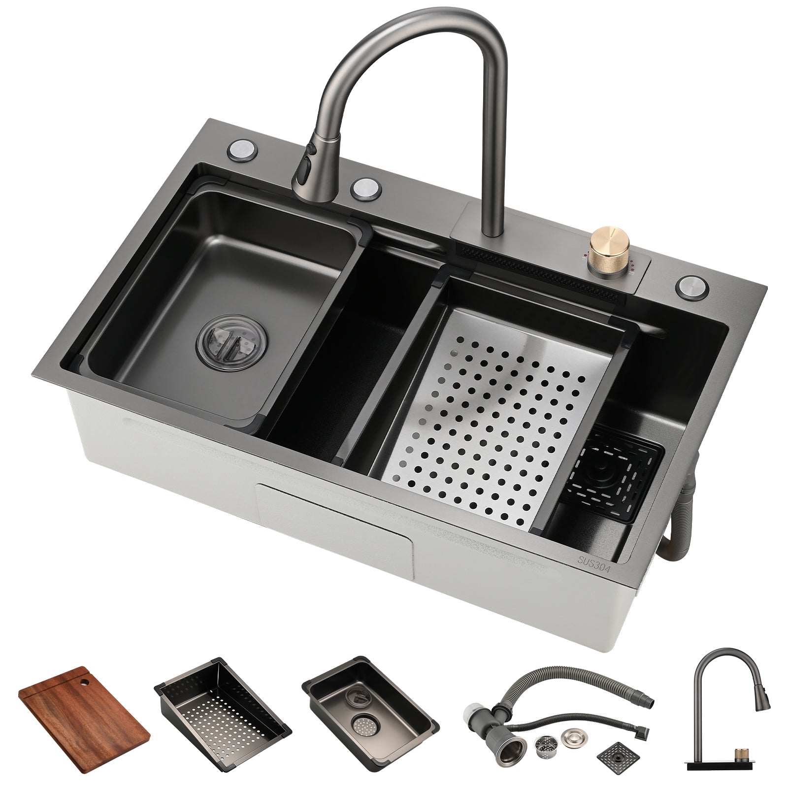 Stainless Steel Double Bowl Drop-in Kitchen Sink with Pull Down Faucet, and Accessories