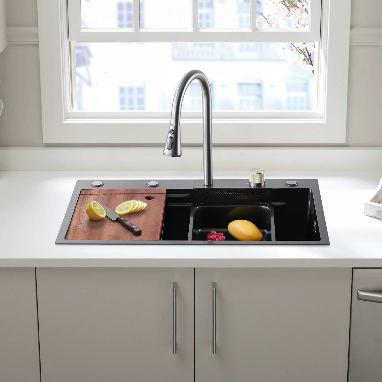 Stainless Steel Double Bowl Drop-in Kitchen Sink with Pull Down Faucet, and Accessories