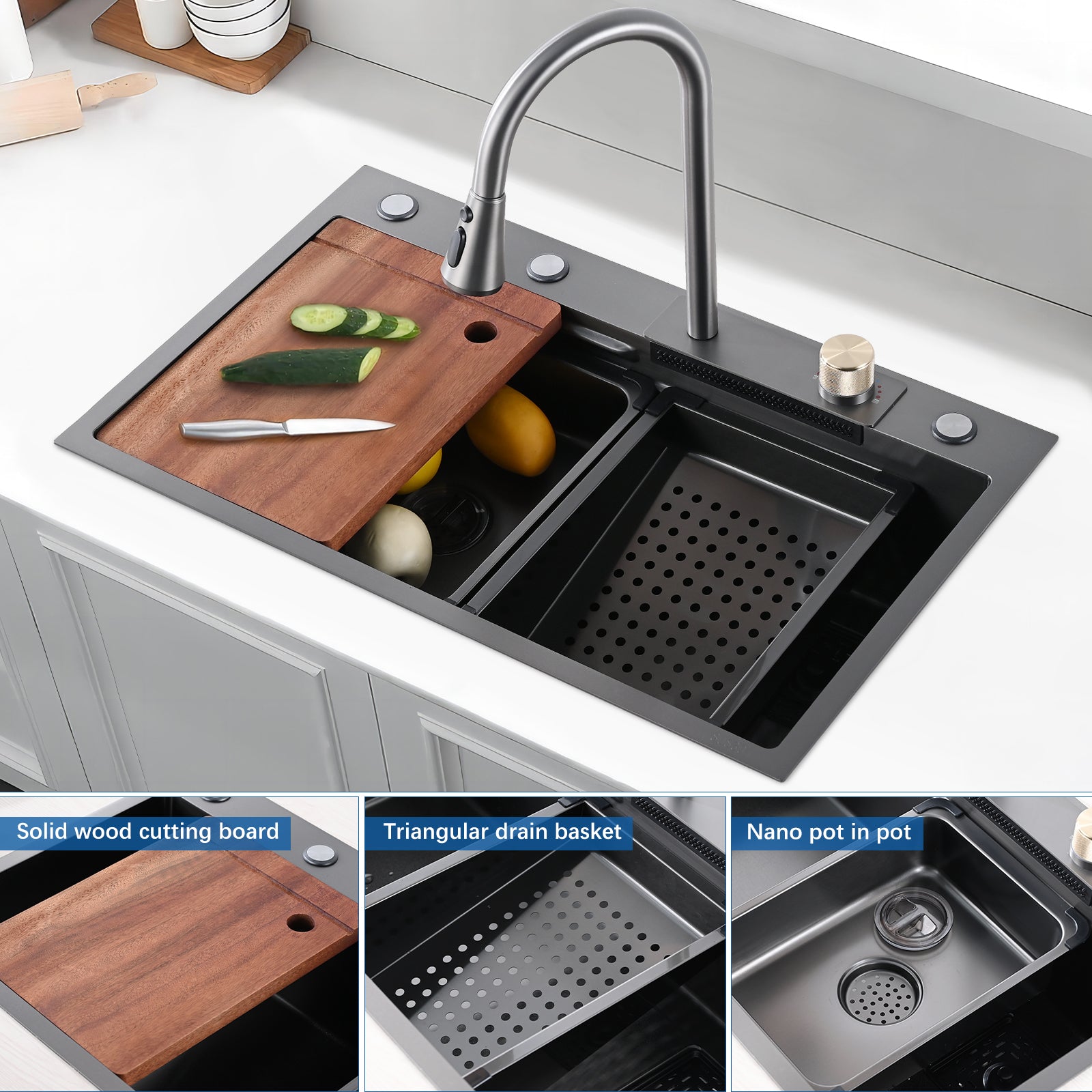 Stainless Steel Double Bowl Drop-in Kitchen Sink with Pull Down Faucet, and Accessories