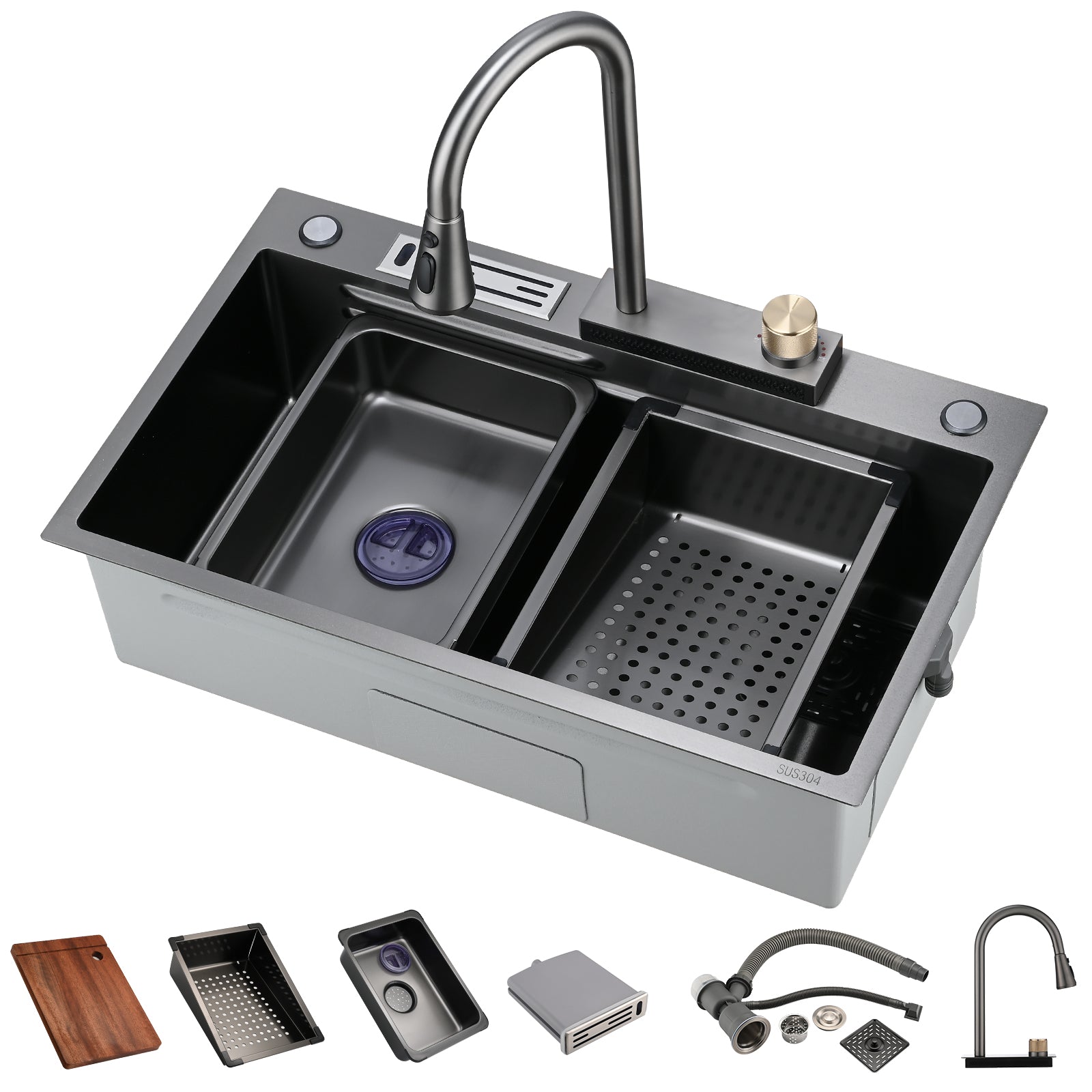 Stainless Steel Double Bowl Drop-in Kitchen Sink with Pull Down Faucet and Accessories(41-3018)