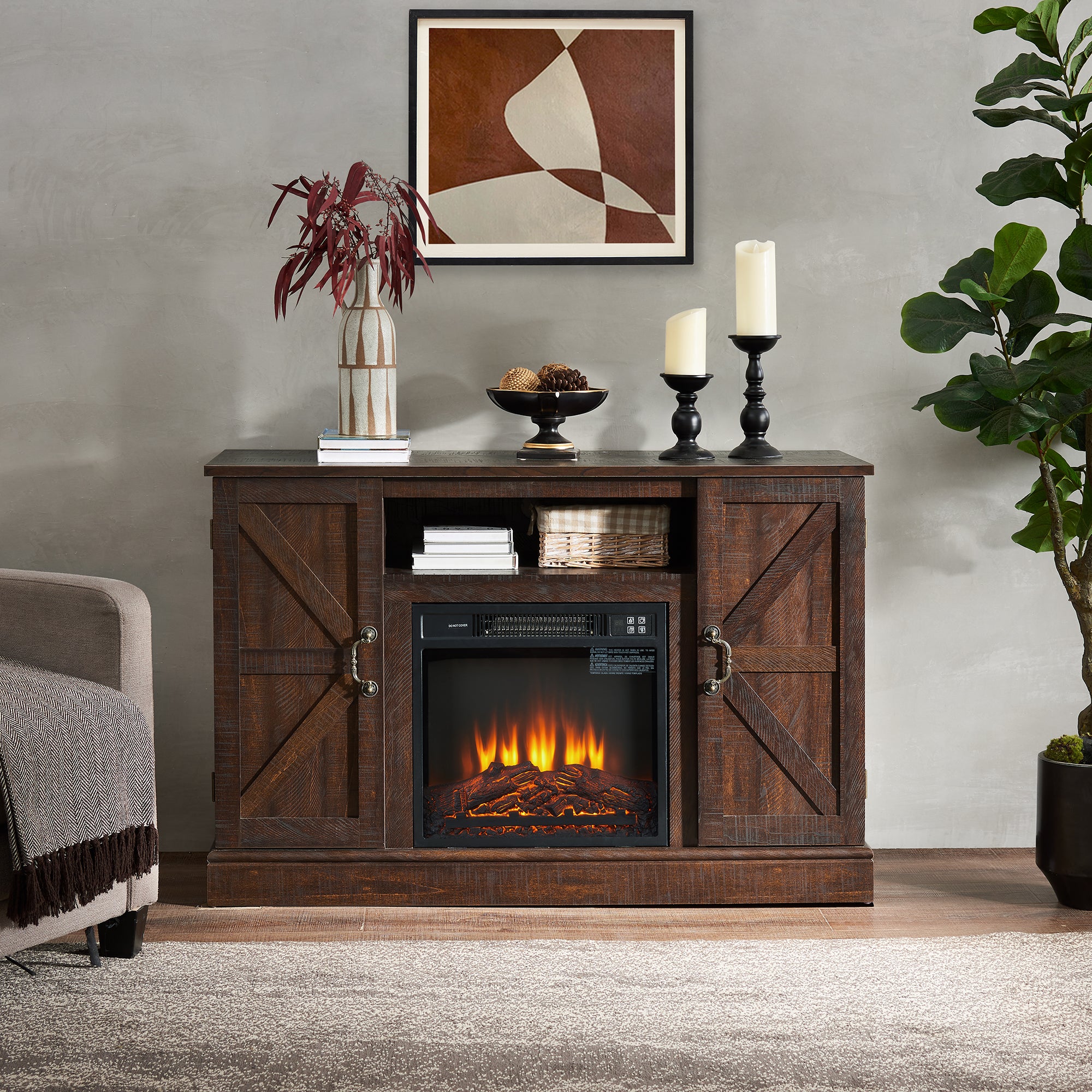 47 Inch MDF Farmhouse TV Stand with 18" Electric Fireplace Insert and Open and Closed Storage Space