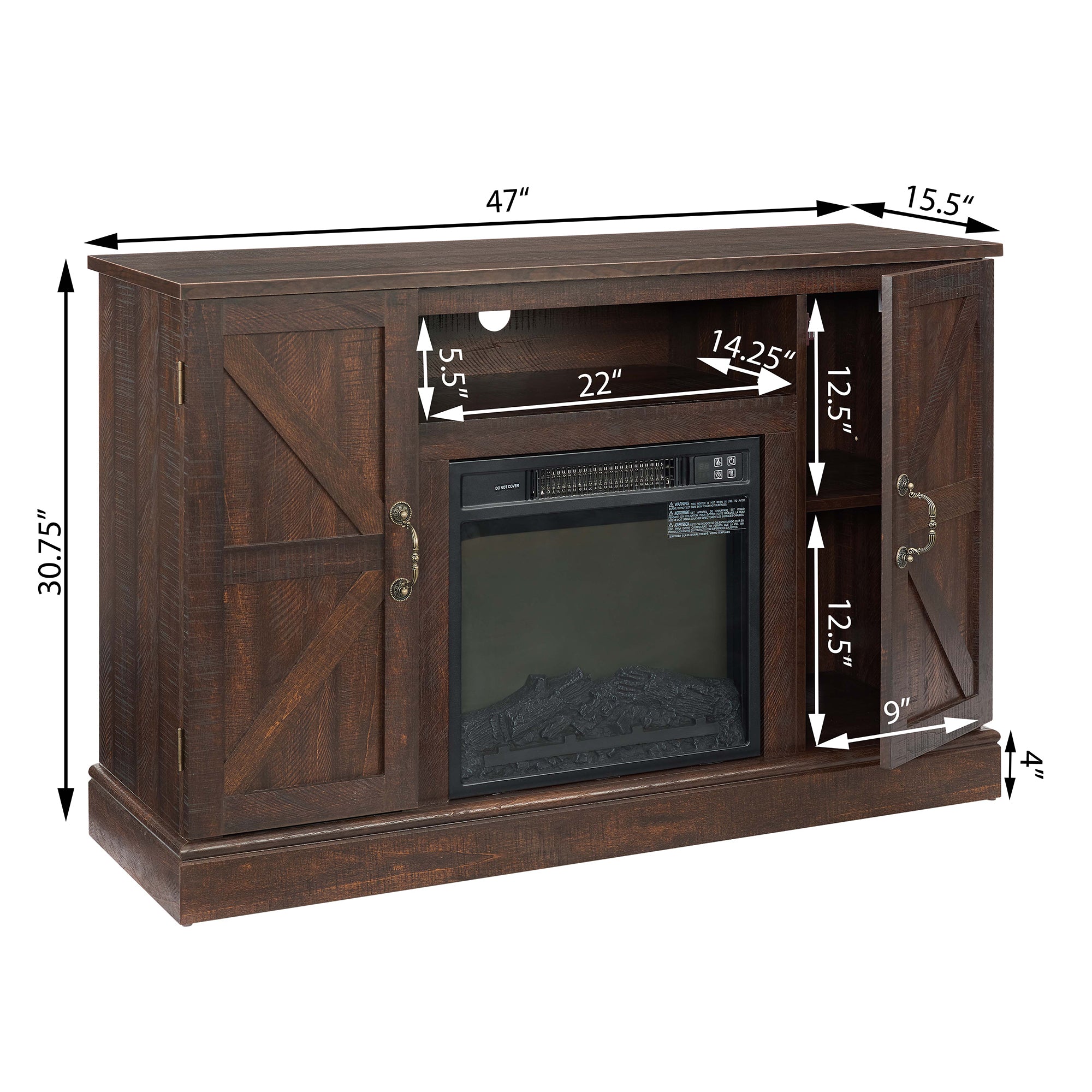 47 Inch MDF Farmhouse TV Stand with 18" Electric Fireplace Insert and Open and Closed Storage Space