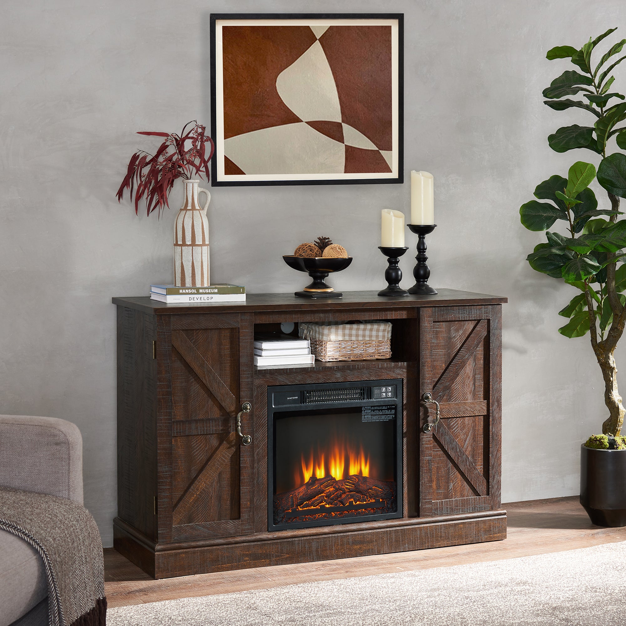 47 Inch MDF Farmhouse TV Stand with 18" Electric Fireplace Insert and Open and Closed Storage Space