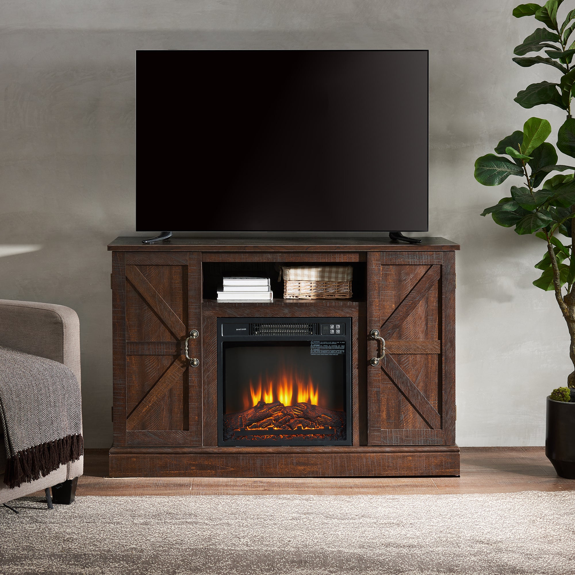 47 Inch MDF Farmhouse TV Stand with 18" Electric Fireplace Insert and Open and Closed Storage Space