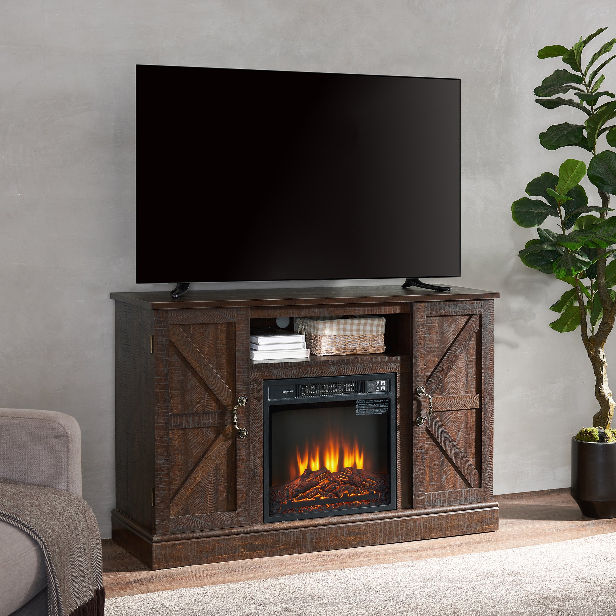 47 Inch MDF Farmhouse TV Stand with 18" Electric Fireplace Insert and Open and Closed Storage Space