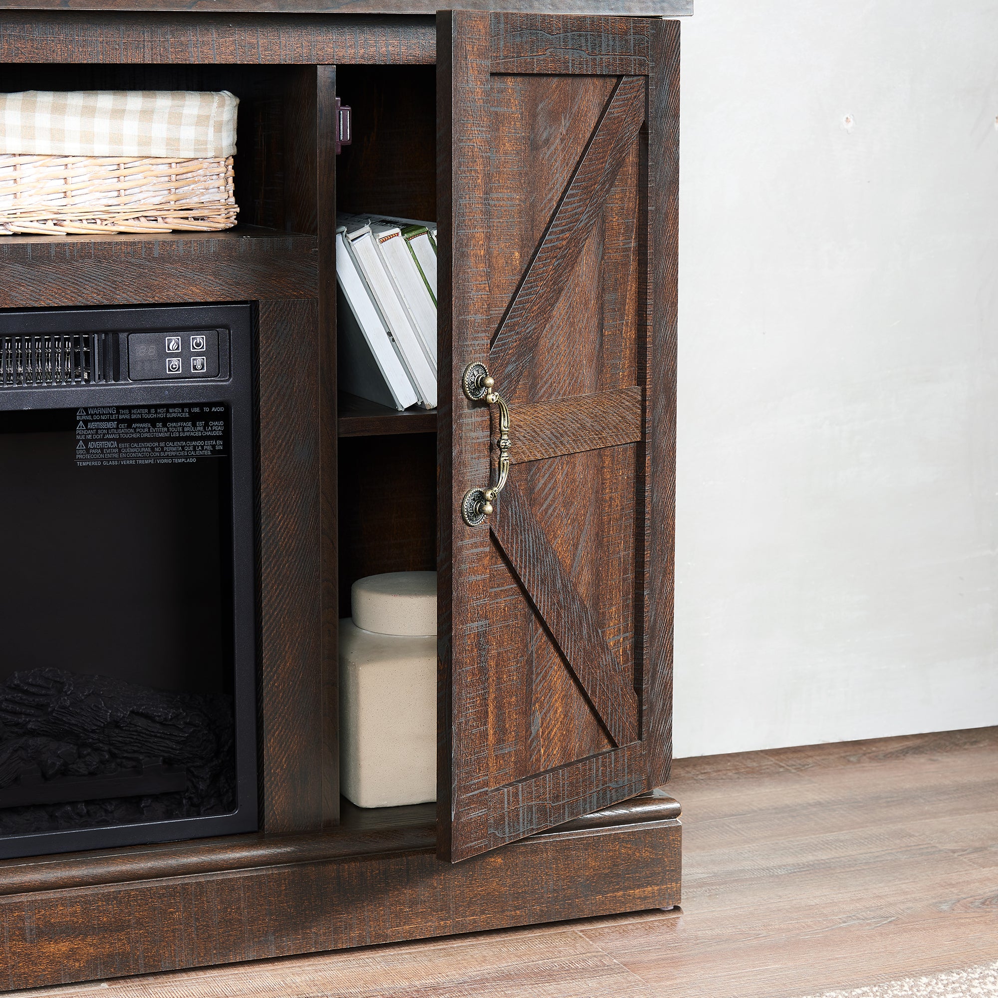 47 Inch MDF Farmhouse TV Stand with 18" Electric Fireplace Insert and Open and Closed Storage Space