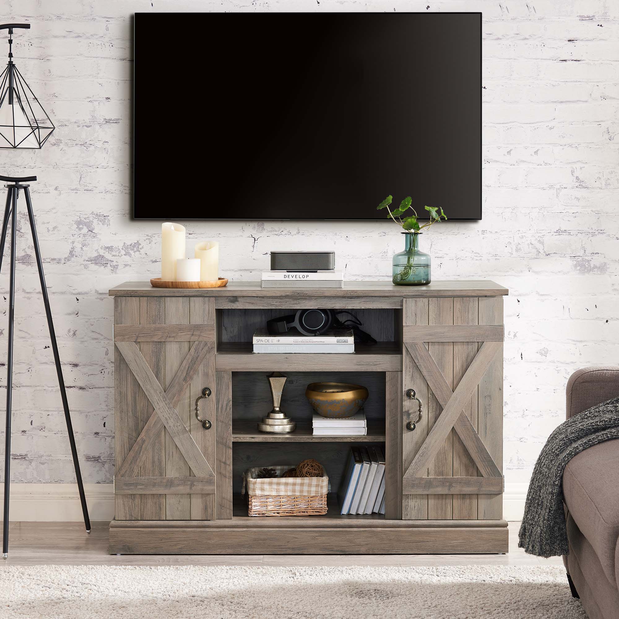 47 Inch MDF Farmhouse TV Stand with 18" Electric Fireplace Insert and Open and Closed Storage Space