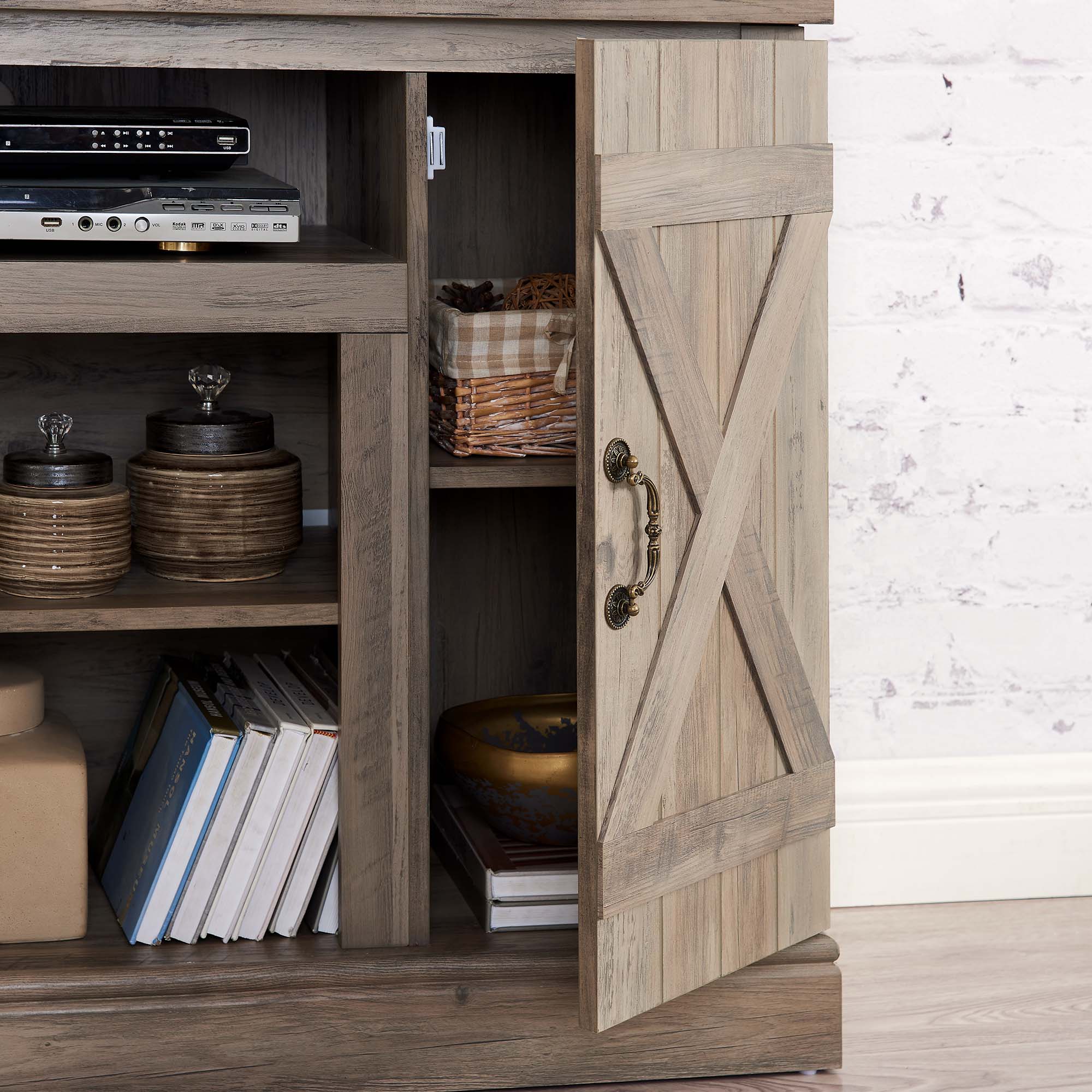 47 Inch MDF Farmhouse TV Stand with 18" Electric Fireplace Insert and Open and Closed Storage Space