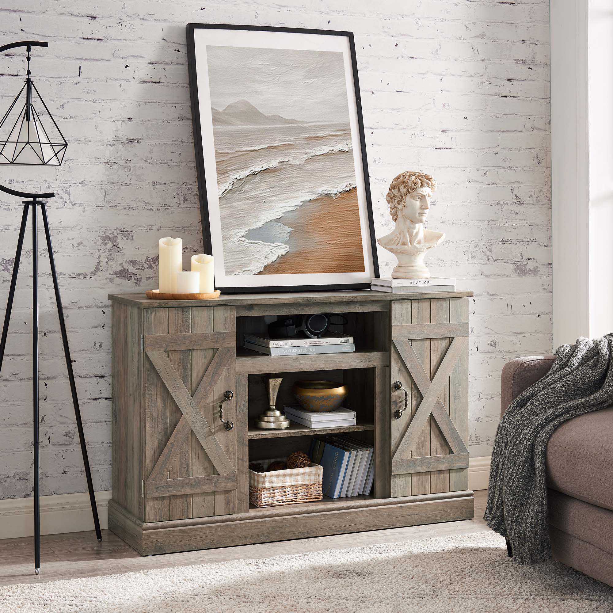 47 Inch MDF Farmhouse TV Stand with 18" Electric Fireplace Insert and Open and Closed Storage Space