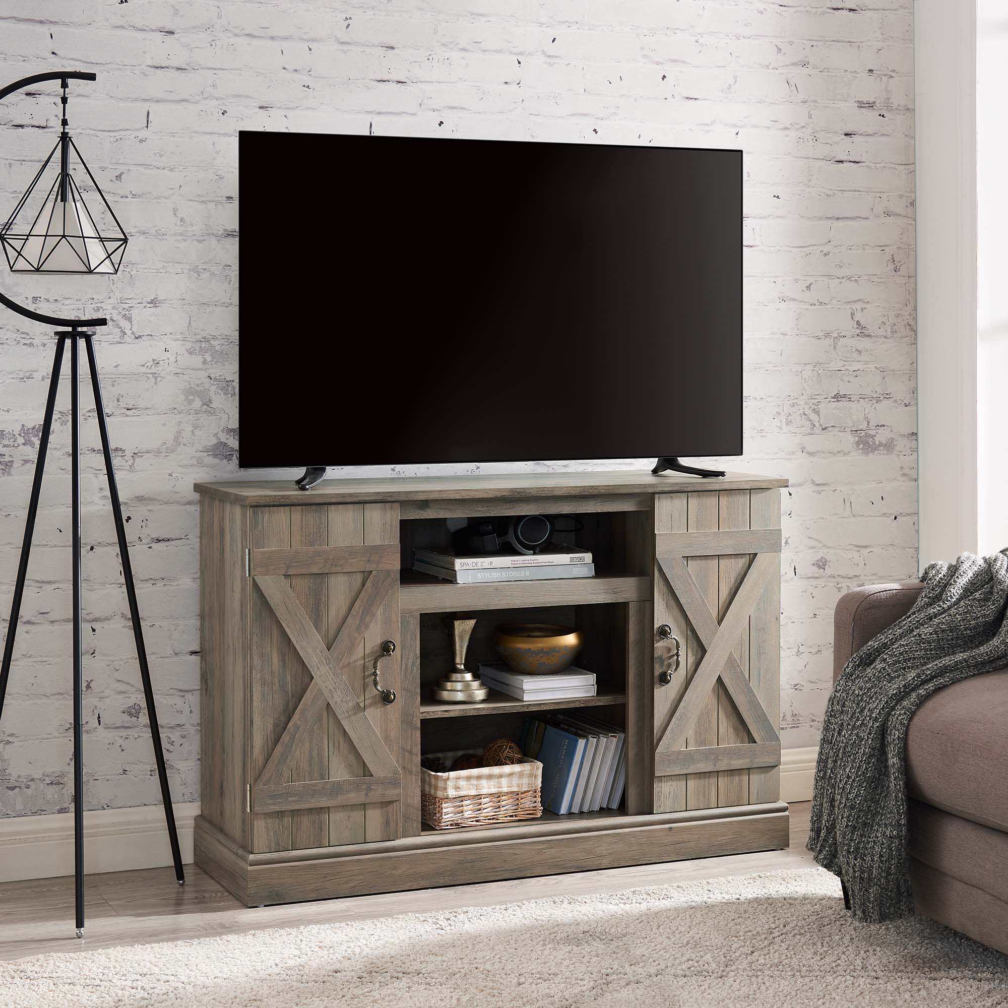47 Inch MDF Farmhouse TV Stand with 18" Electric Fireplace Insert and Open and Closed Storage Space