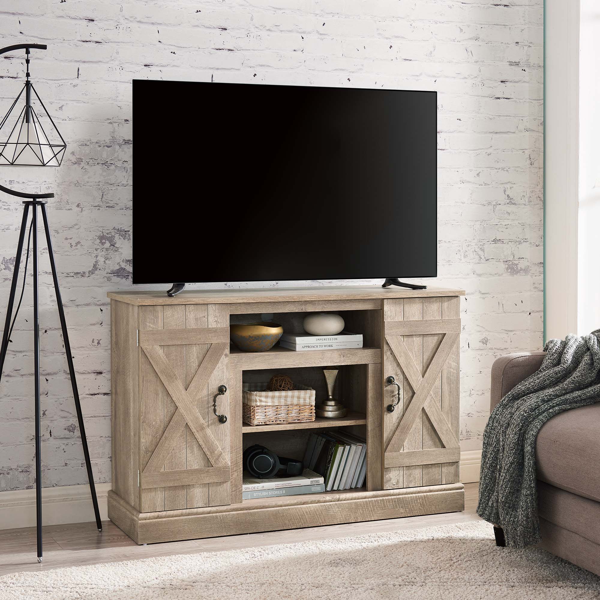 47 Inch MDF Farmhouse TV Stand with 18" Electric Fireplace Insert and Open and Closed Storage Space