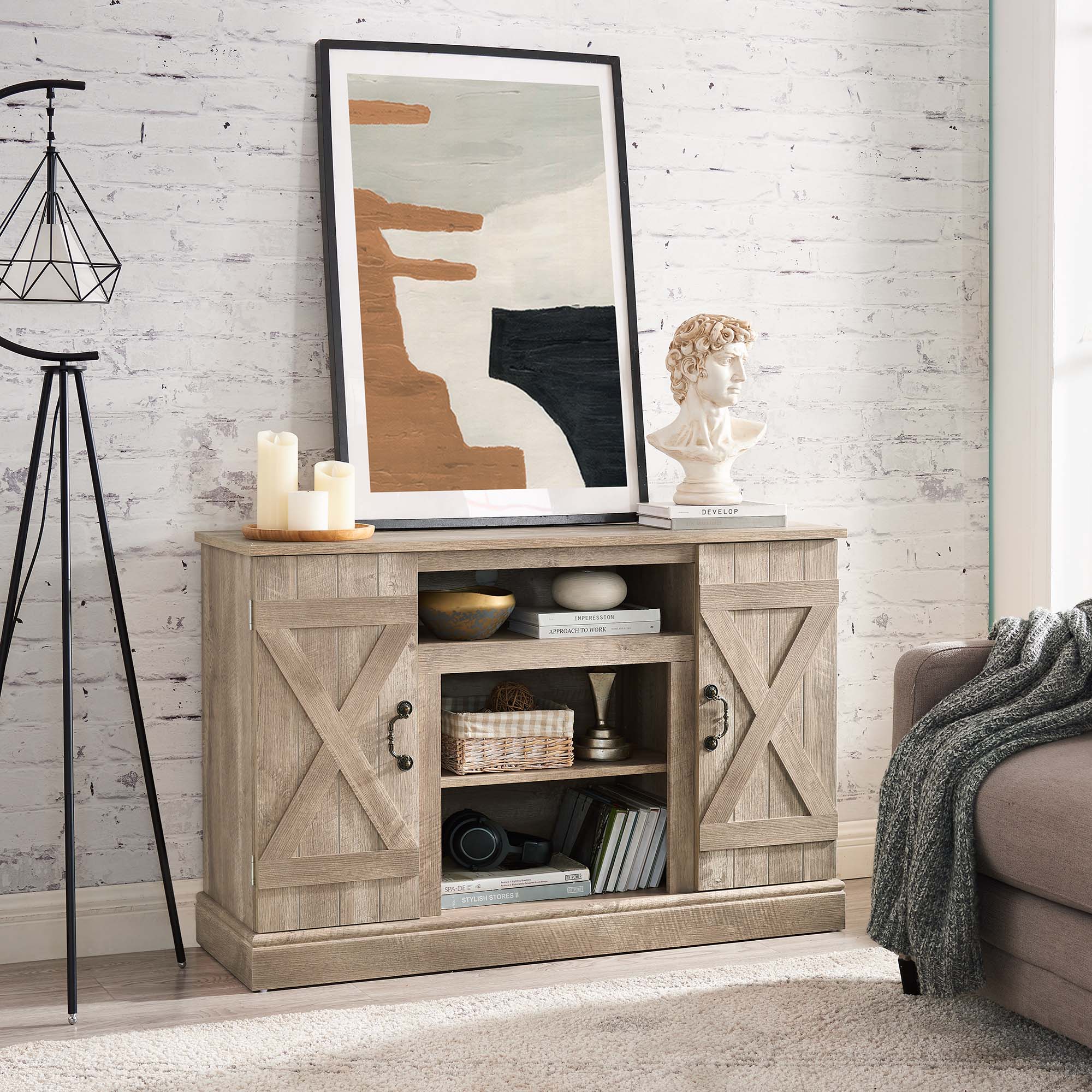 47 Inch MDF Farmhouse TV Stand with 18" Electric Fireplace Insert and Open and Closed Storage Space
