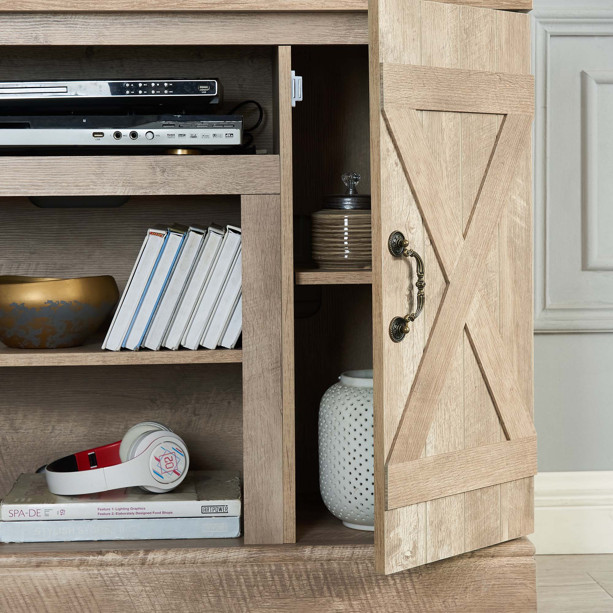 47 Inch MDF Farmhouse TV Stand with 18" Electric Fireplace Insert and Open and Closed Storage Space