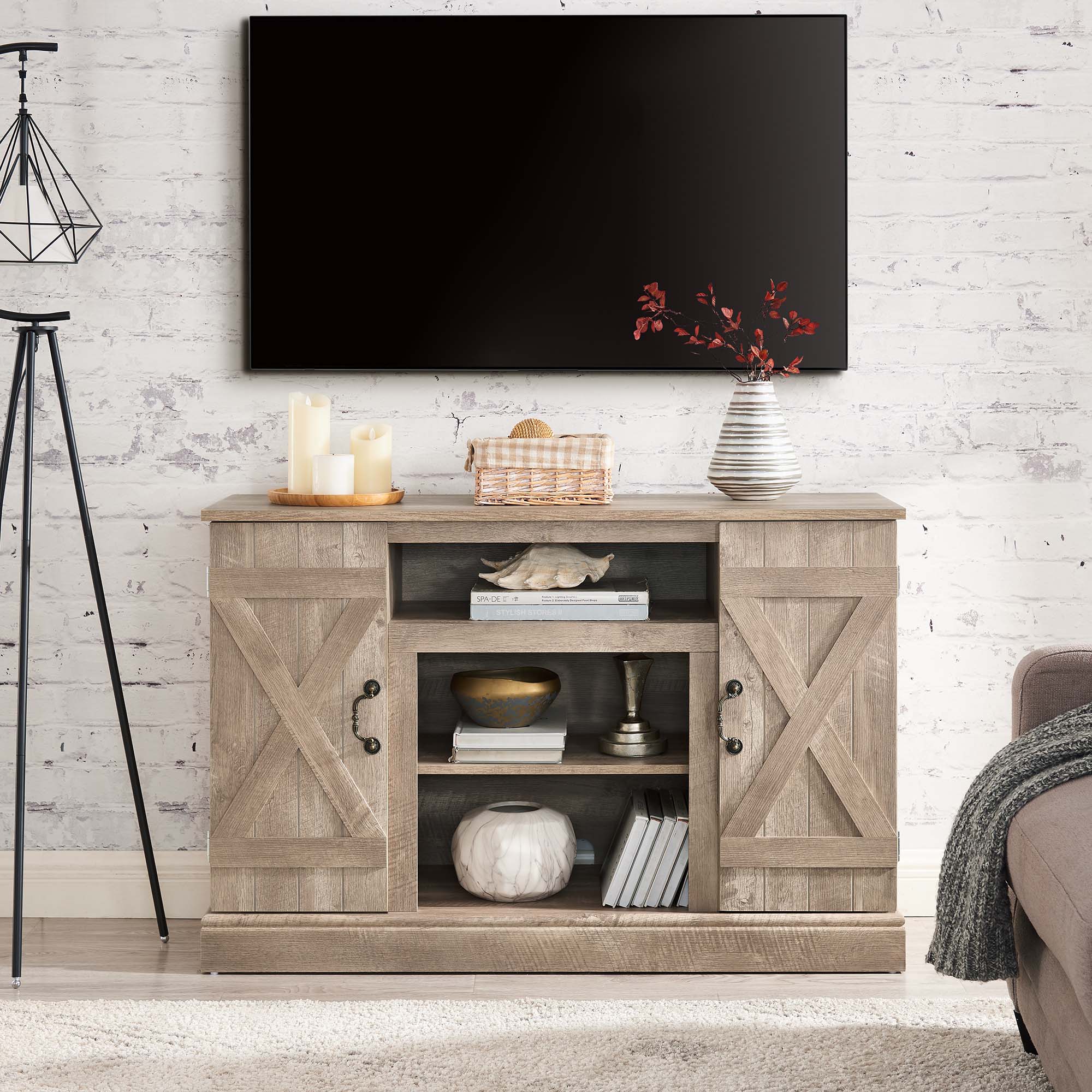 47 Inch MDF Farmhouse TV Stand with 18" Electric Fireplace Insert and Open and Closed Storage Space