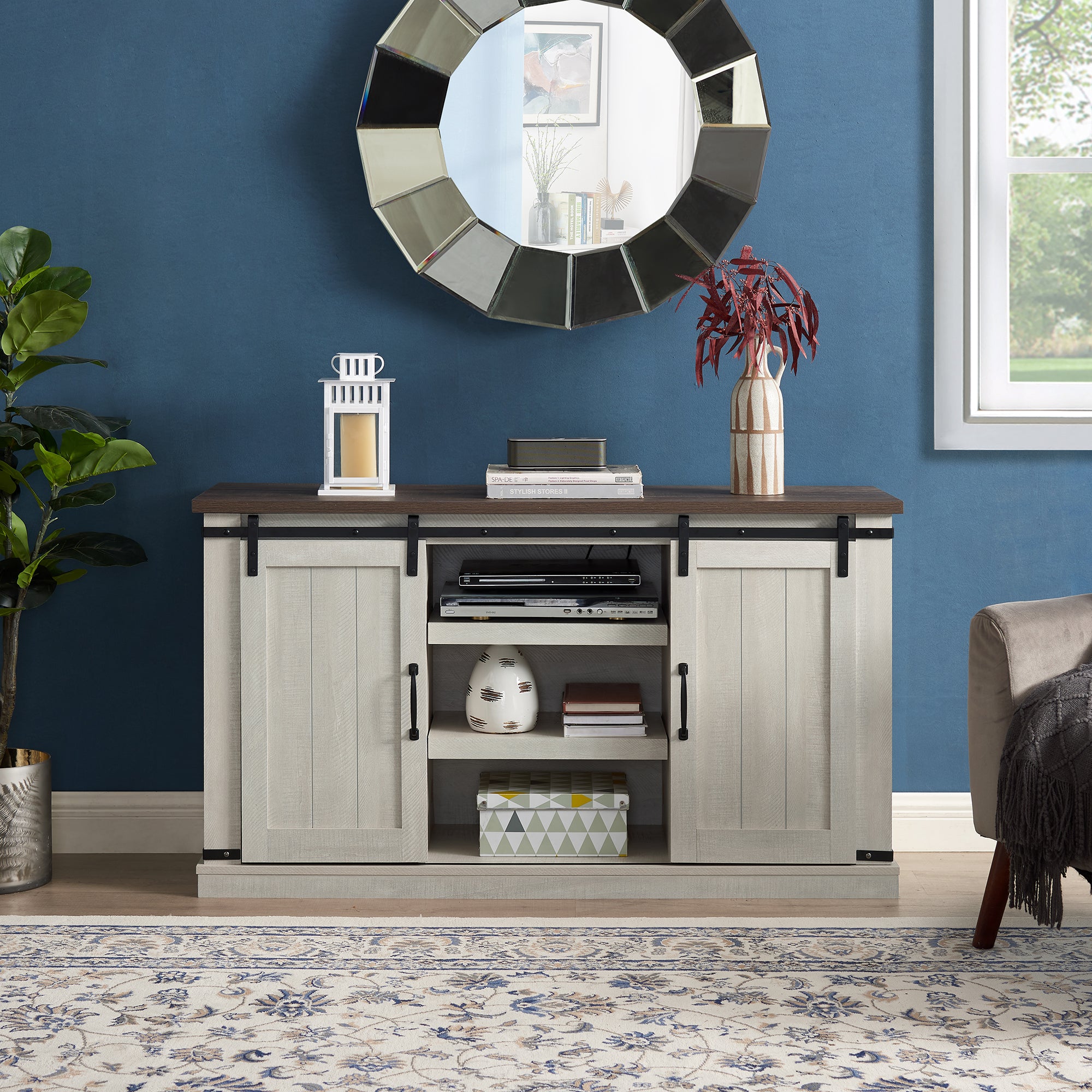 47 Inch MDF Farmhouse TV Stand with 18" Electric Fireplace Insert and Open and Closed Storage Space