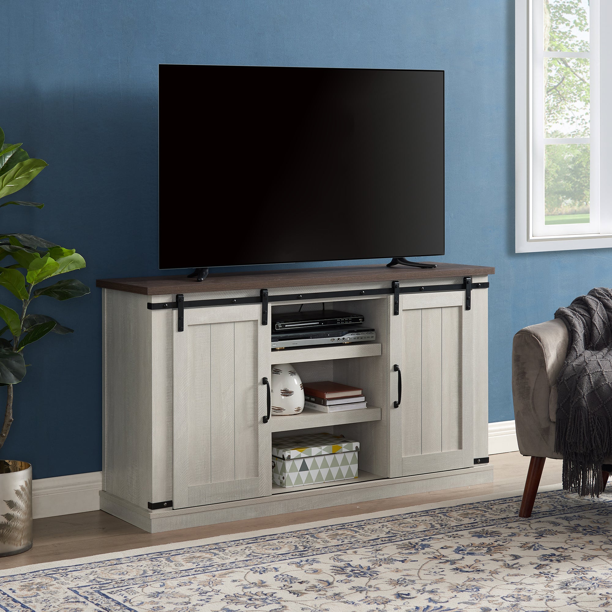47 Inch MDF Farmhouse TV Stand with 18" Electric Fireplace Insert and Open and Closed Storage Space
