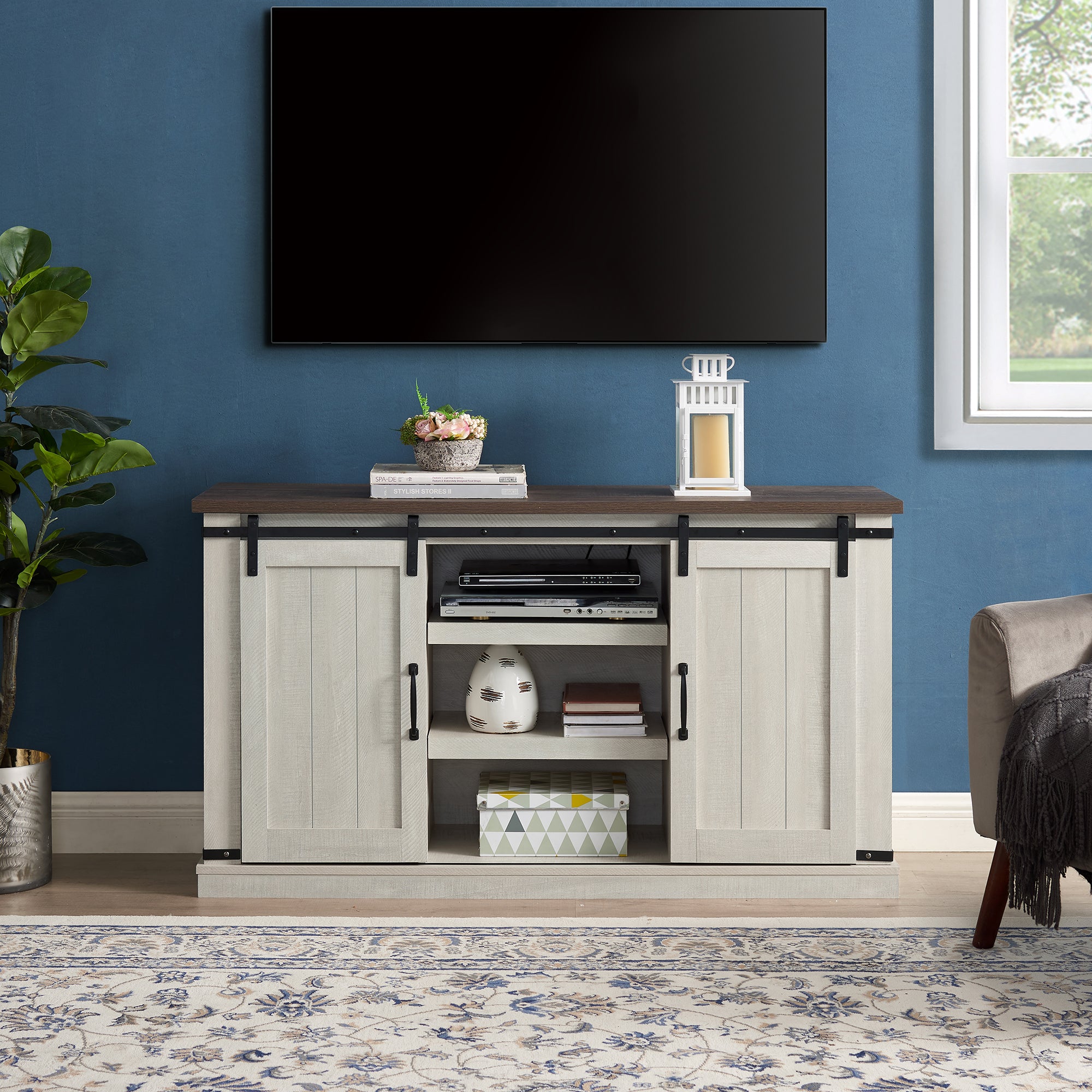 47 Inch MDF Farmhouse TV Stand with 18" Electric Fireplace Insert and Open and Closed Storage Space