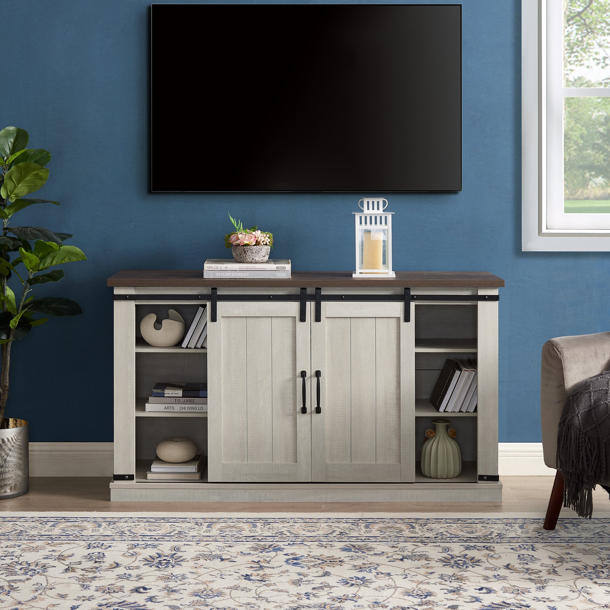 47 Inch MDF Farmhouse TV Stand with 18" Electric Fireplace Insert and Open and Closed Storage Space