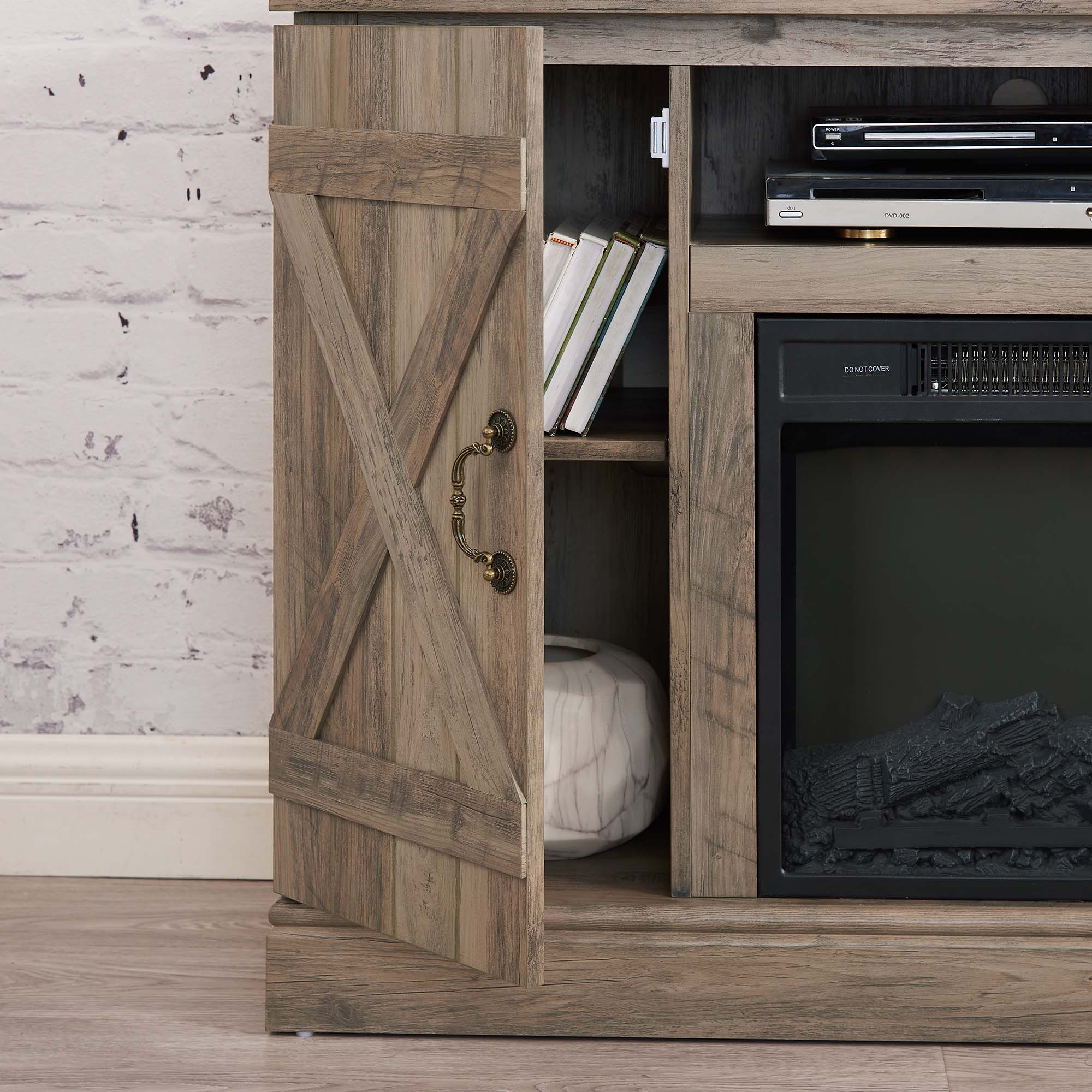 47 Inch MDF Farmhouse TV Stand with 18" Electric Fireplace Insert and Open and Closed Storage Space