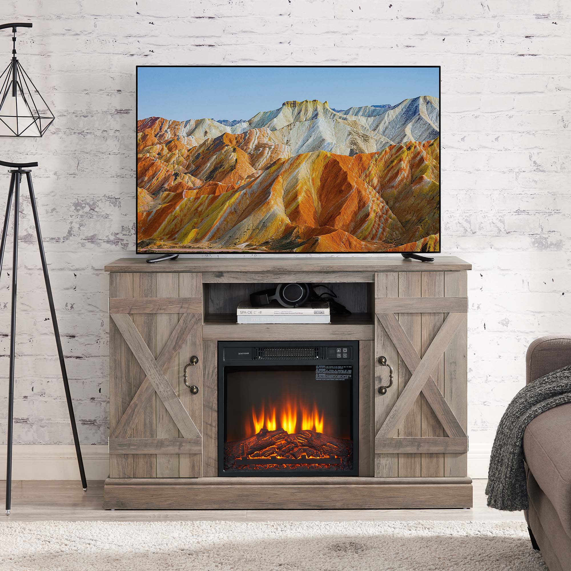47 Inch MDF Farmhouse TV Stand with 18" Electric Fireplace Insert and Open and Closed Storage Space
