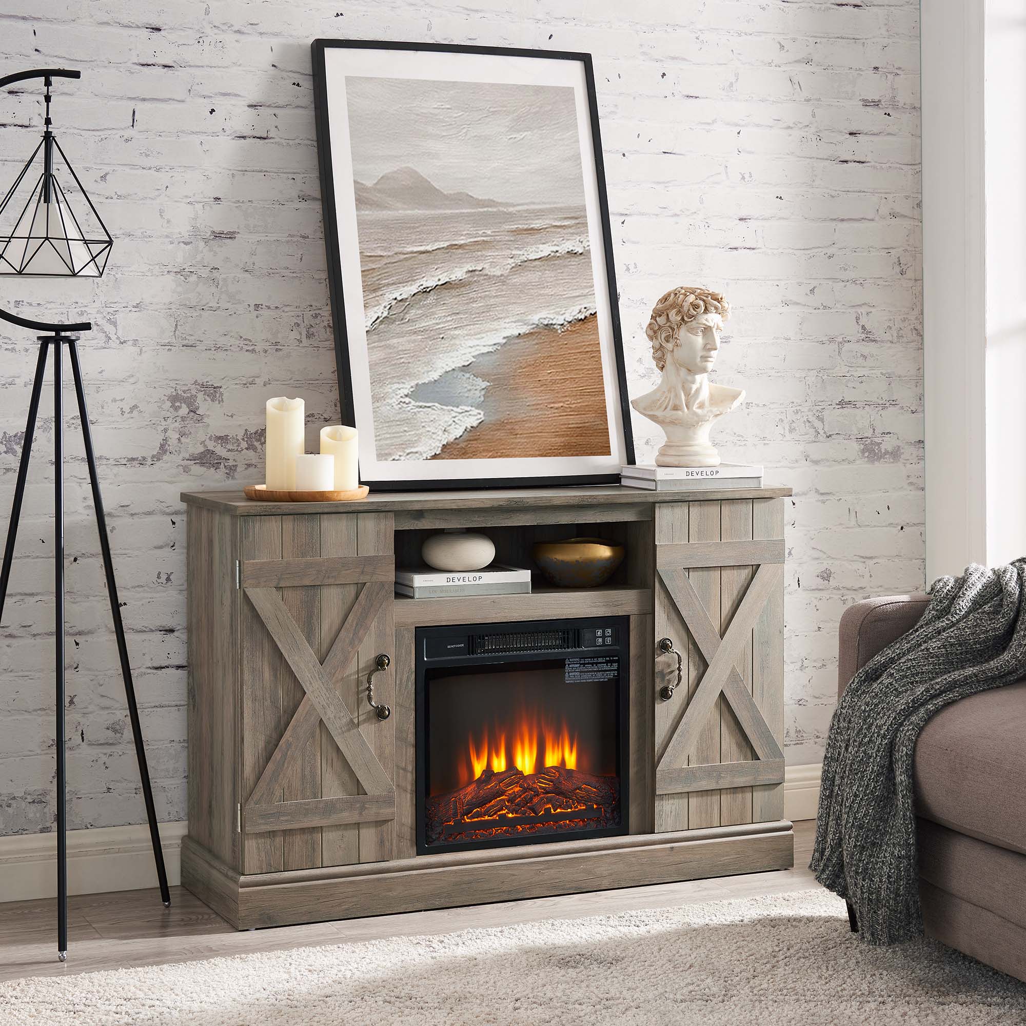 47 Inch MDF Farmhouse TV Stand with 18" Electric Fireplace Insert and Open and Closed Storage Space