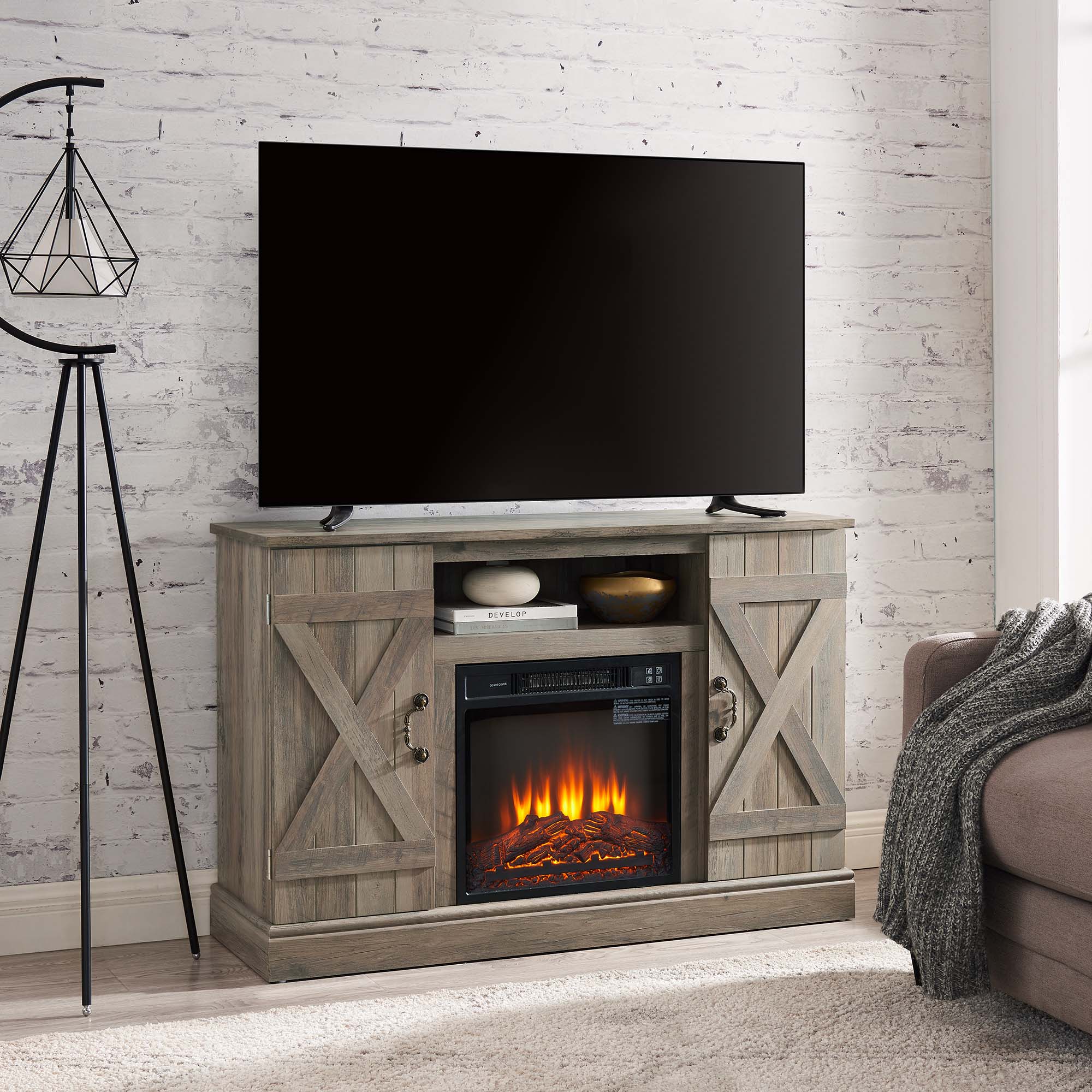 47 Inch MDF Farmhouse TV Stand with 18" Electric Fireplace Insert and Open and Closed Storage Space