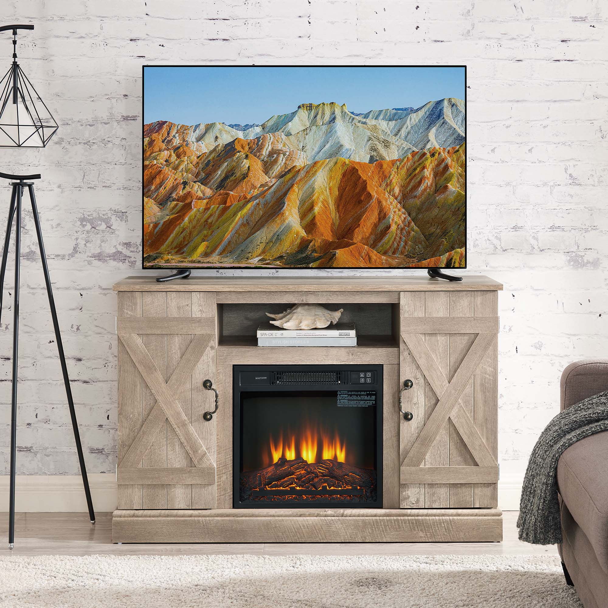 47 Inch MDF Farmhouse TV Stand with 18" Electric Fireplace Insert and Open and Closed Storage Space