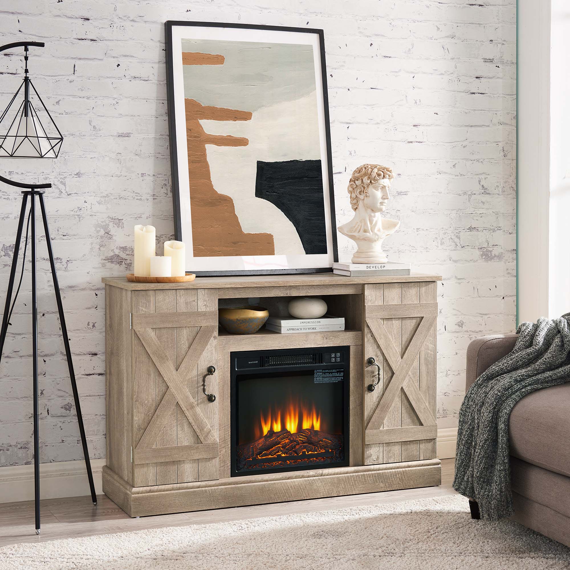 47 Inch MDF Farmhouse TV Stand with 18" Electric Fireplace Insert and Open and Closed Storage Space