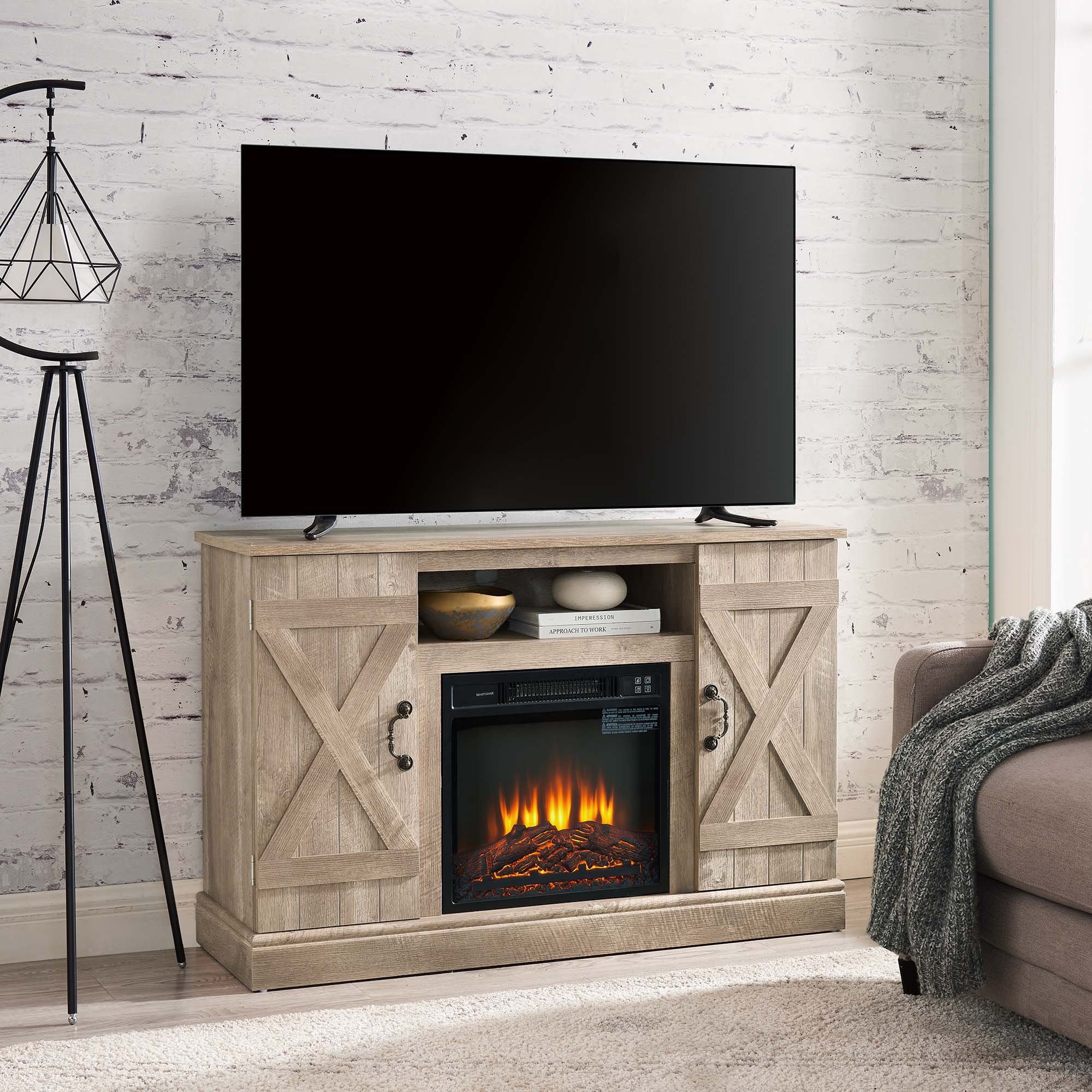 47 Inch MDF Farmhouse TV Stand with 18" Electric Fireplace Insert and Open and Closed Storage Space