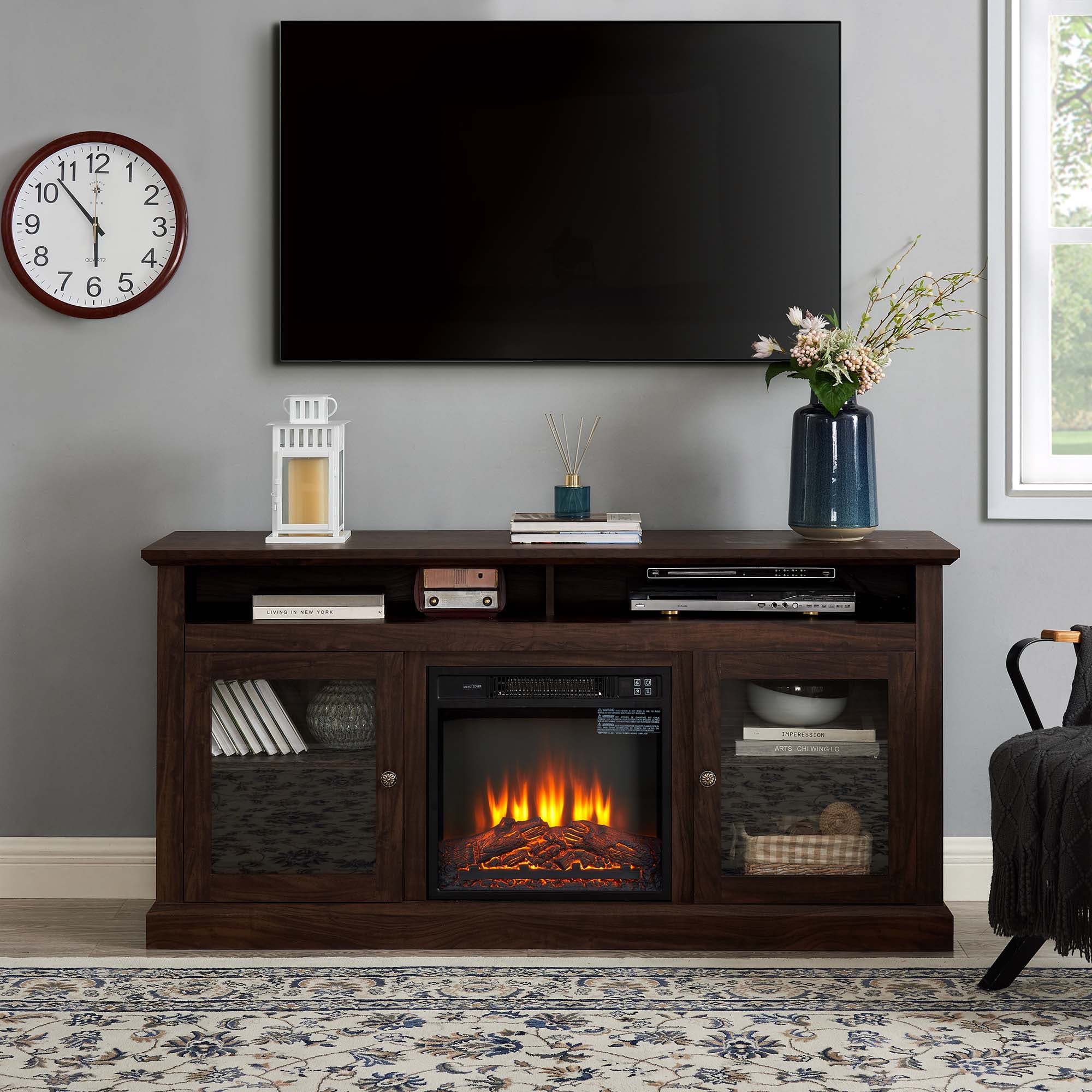47 Inch MDF Farmhouse TV Stand with 18" Electric Fireplace Insert and Open and Closed Storage Space