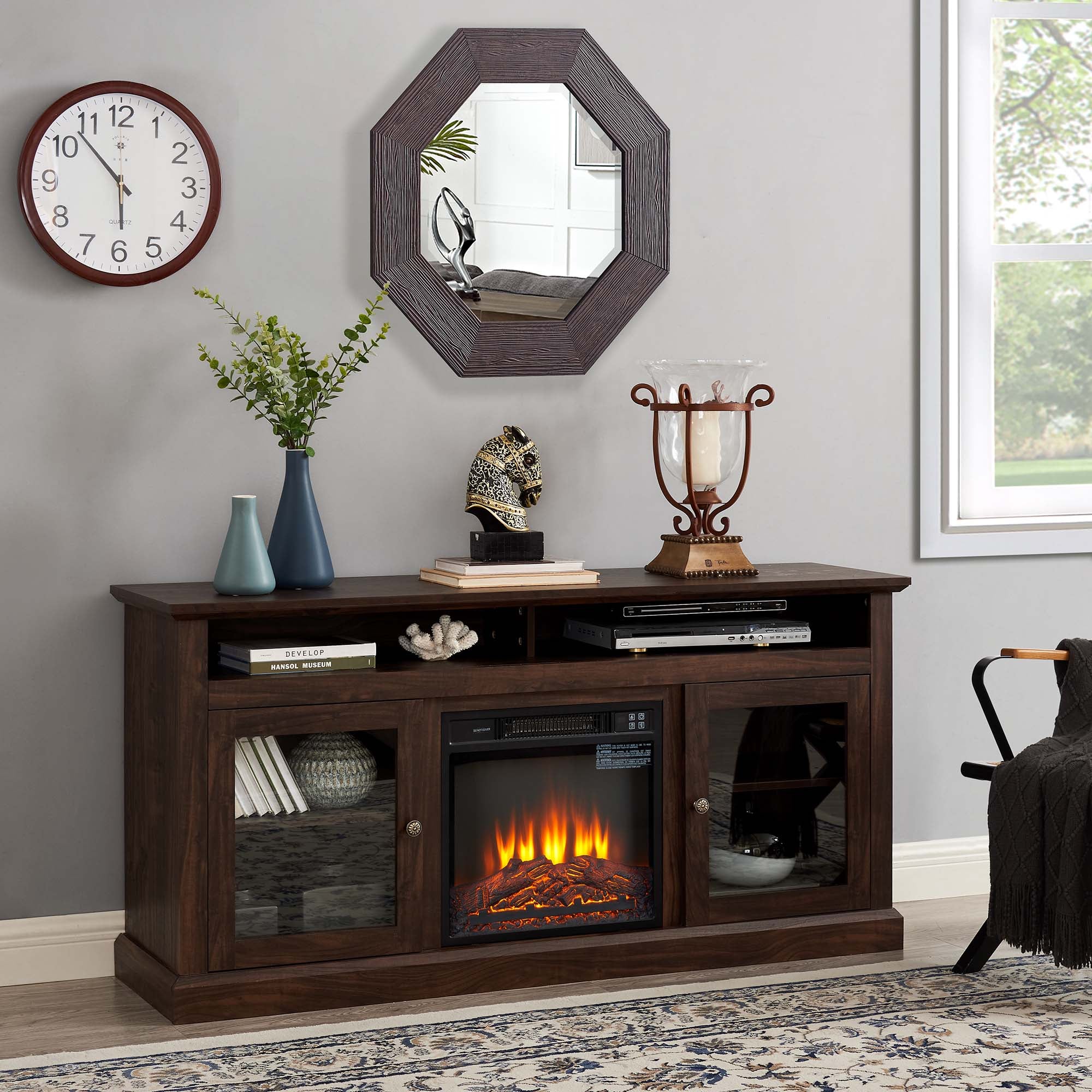 47 Inch MDF Farmhouse TV Stand with 18" Electric Fireplace Insert and Open and Closed Storage Space