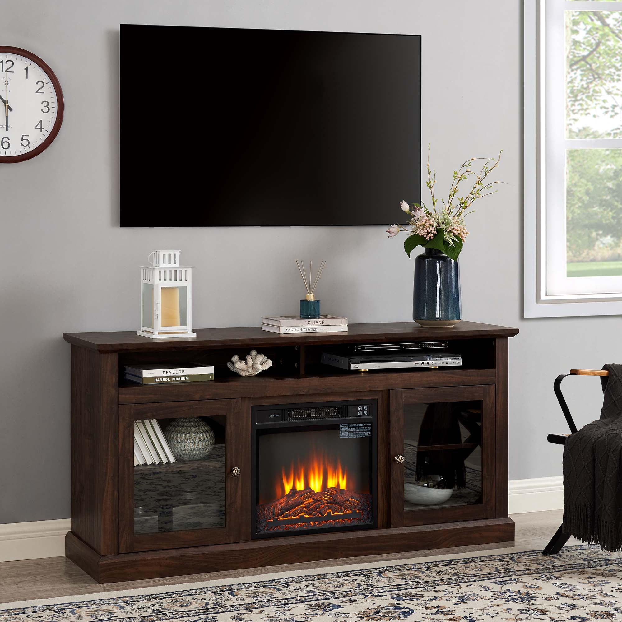47 Inch MDF Farmhouse TV Stand with 18" Electric Fireplace Insert and Open and Closed Storage Space