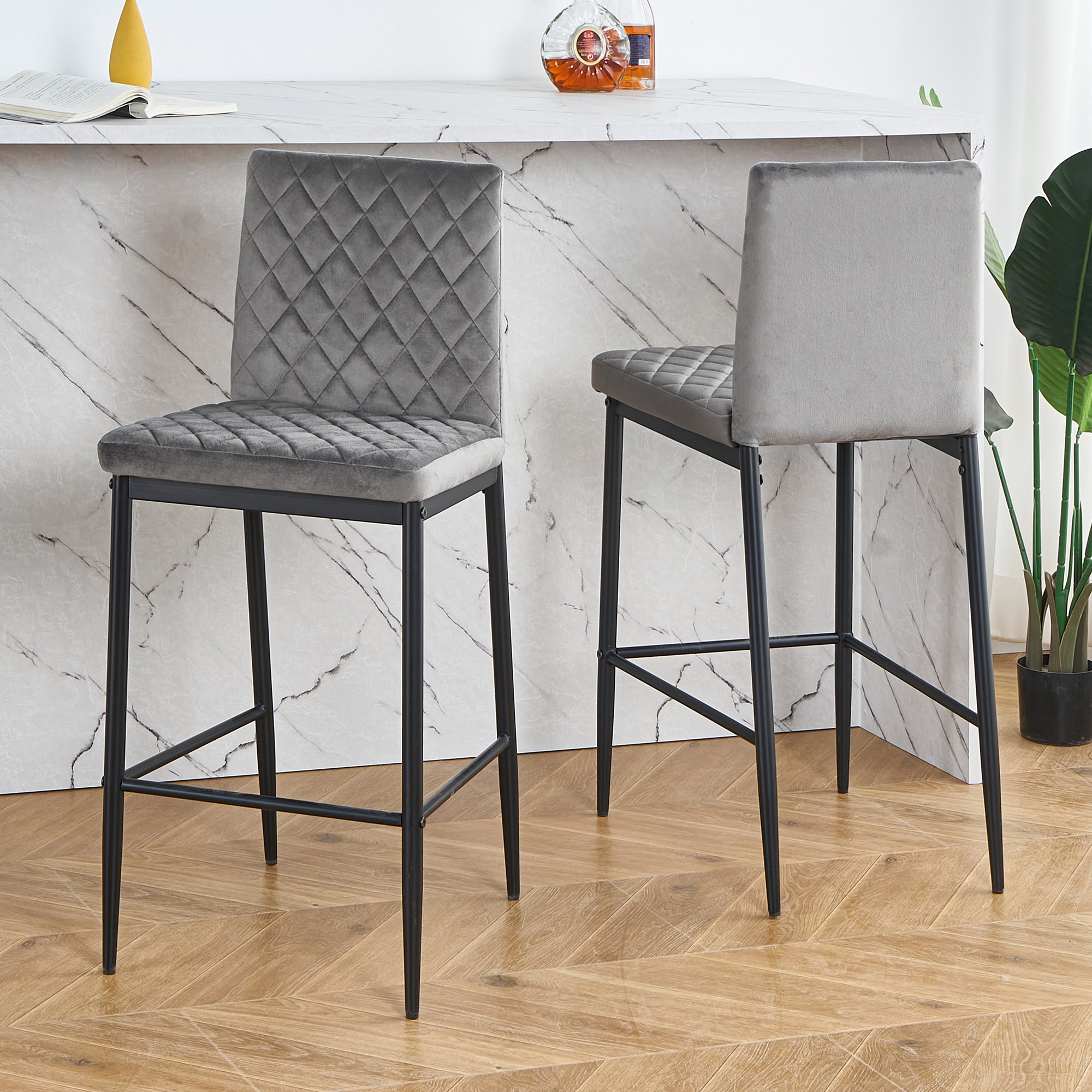 Stylish Flannel 2 Bar Chair with Metal Legs for Dining,Kitchen and Bar