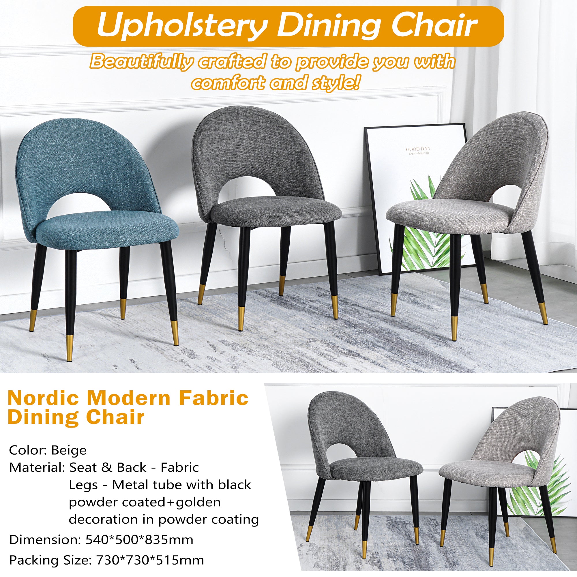 2-set Nordic Style Meta Dining Chairs with Metal Legs
