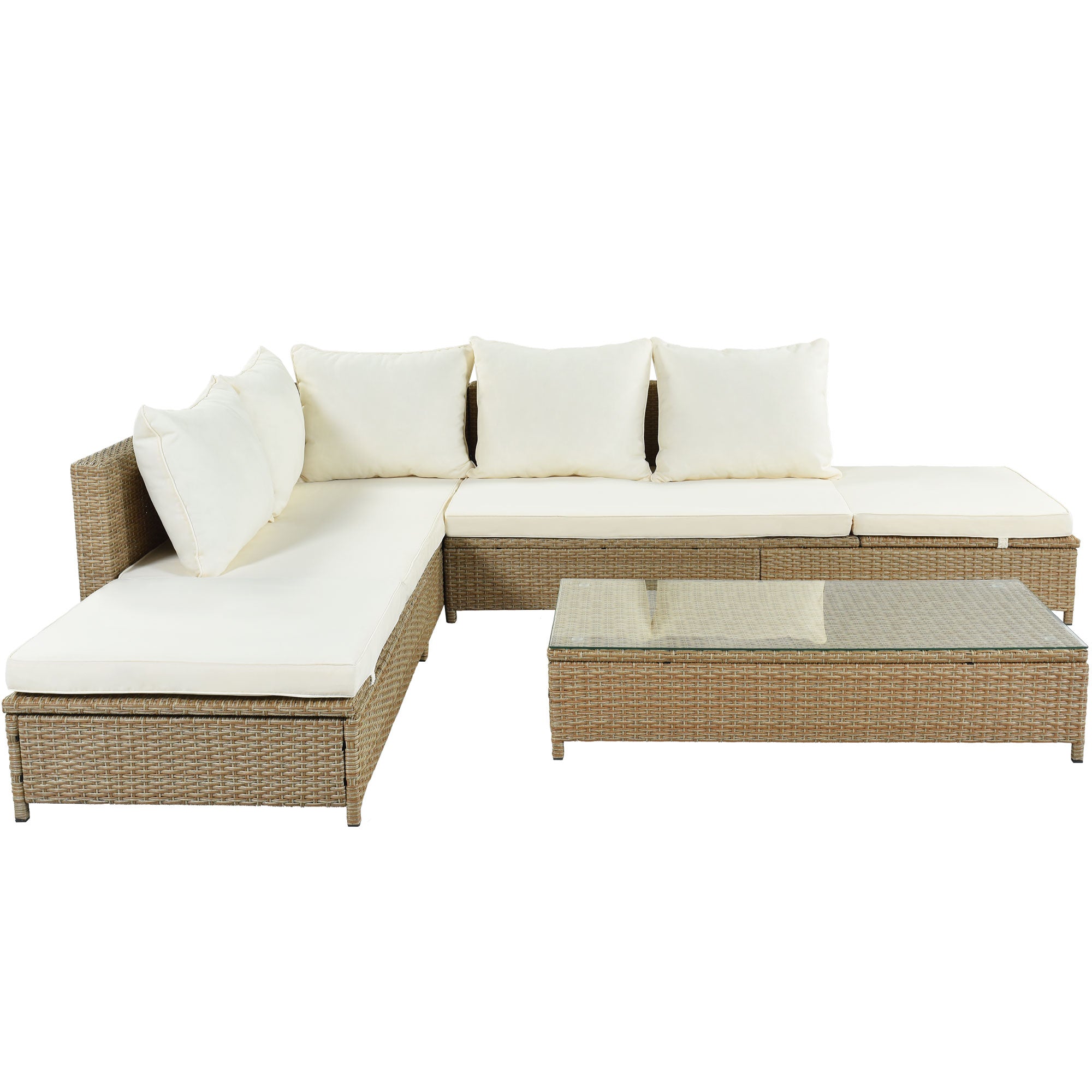 3-Pieces Outdoor All Weather PE Wicker Patio Sectional  with Cushions，Adjustable Chaise Lounge Frame and Glass Table