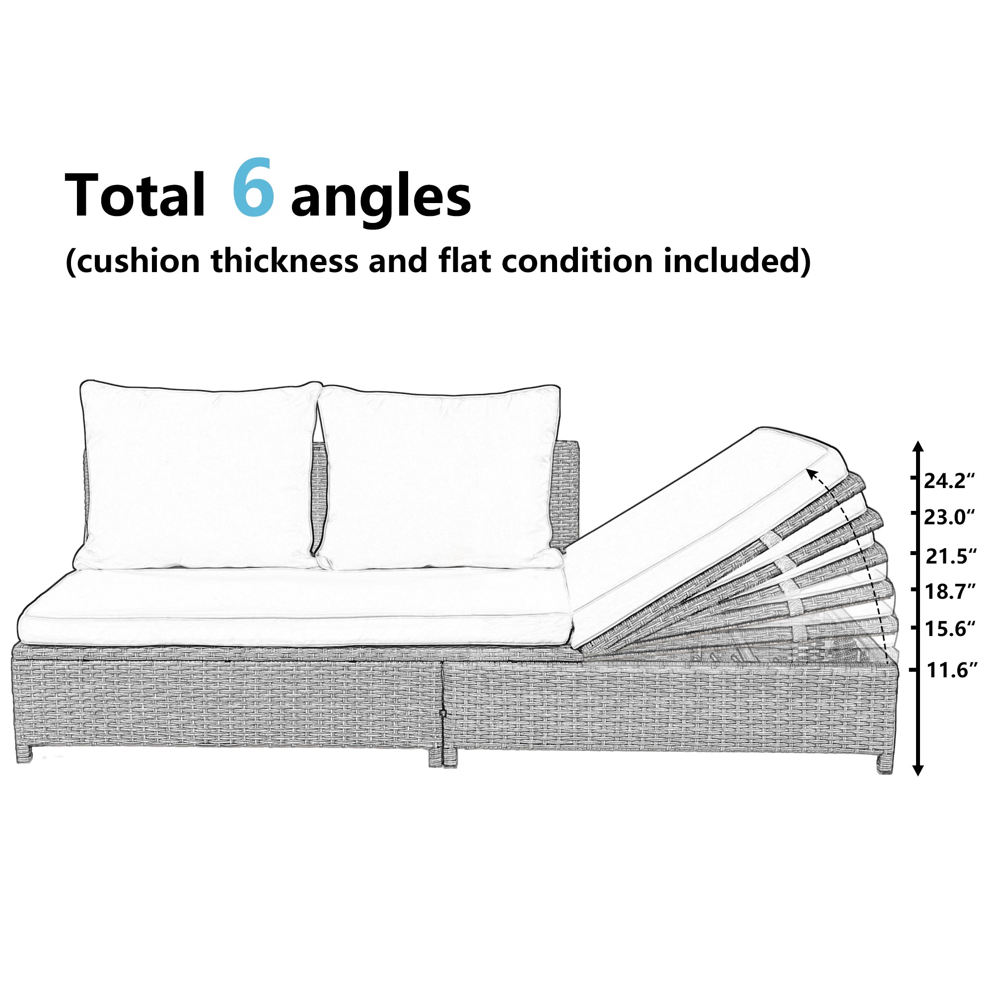 3-Pieces Outdoor All Weather PE Wicker Patio Sectional  with Cushions，Adjustable Chaise Lounge Frame and Glass Table