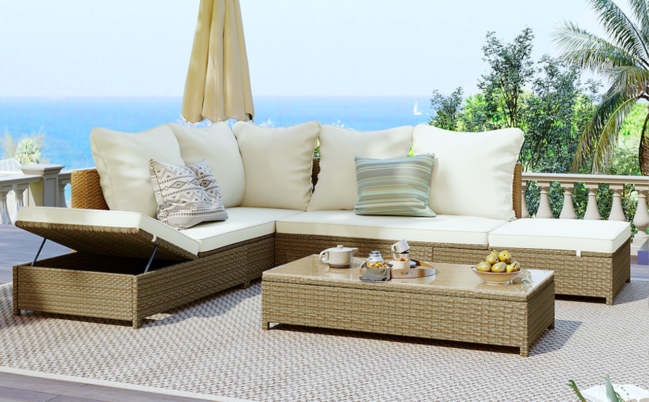 3-Pieces Outdoor All Weather PE Wicker Patio Sectional  with Cushions，Adjustable Chaise Lounge Frame and Glass Table