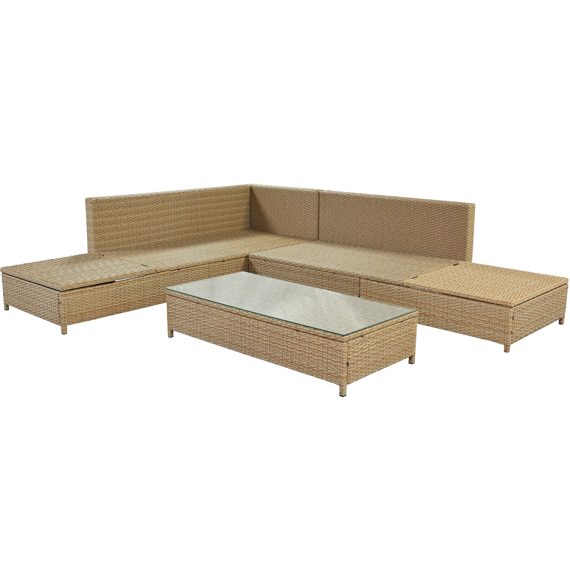 3-Pieces Outdoor All Weather PE Wicker Patio Sectional  with Cushions，Adjustable Chaise Lounge Frame and Glass Table