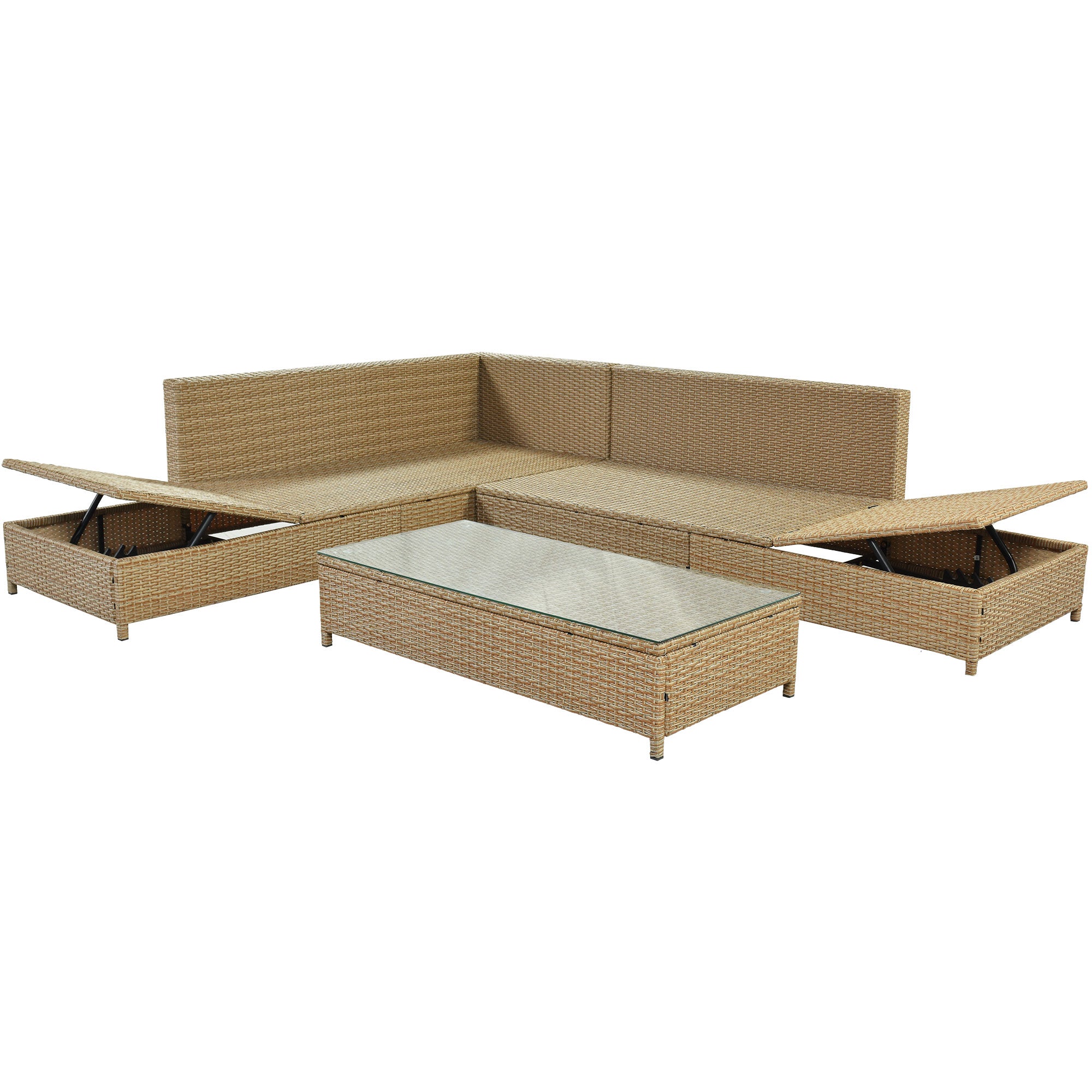 3-Pieces Outdoor All Weather PE Wicker Patio Sectional with Adjustable Chaise Lounge Frame,Tempered Glass Table and Cushions(SP)