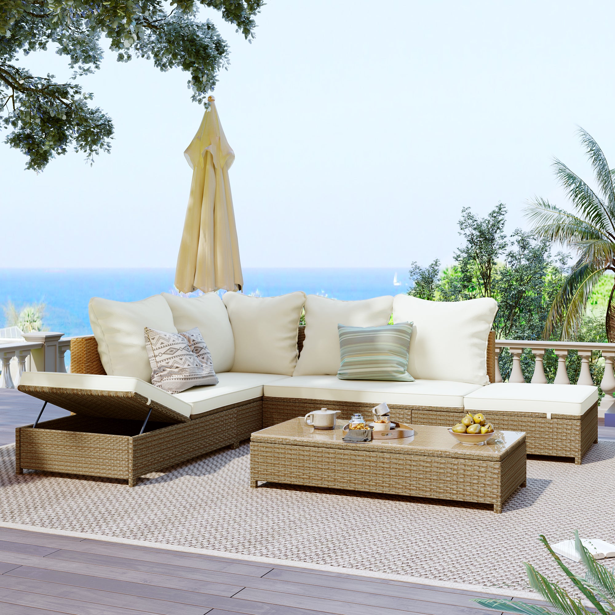 3-Pieces Outdoor All Weather PE Wicker Patio Sectional with Adjustable Chaise Lounge Frame,Tempered Glass Table and Cushions(SP)